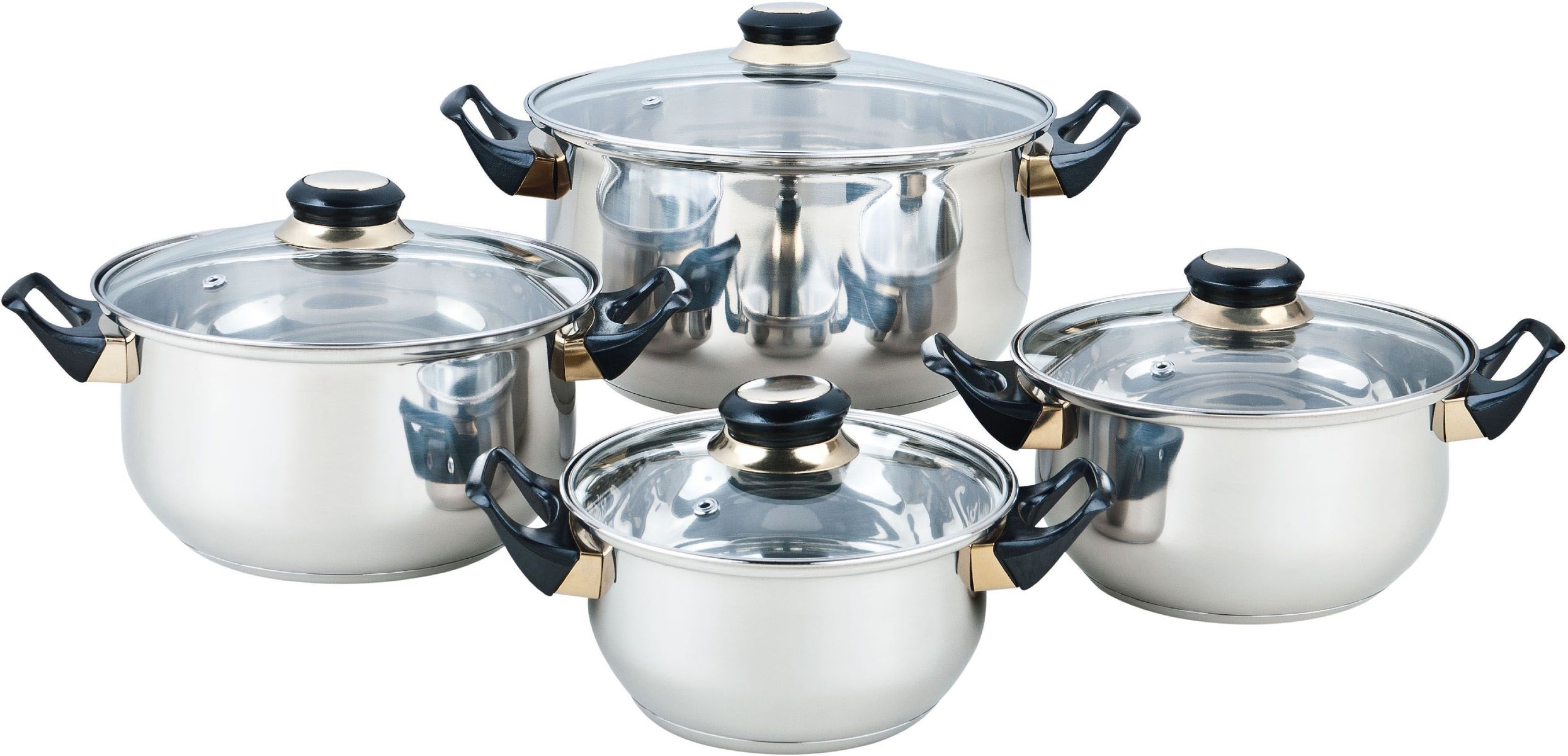 Набор посуды Bekker Classic, 8 предметов. BK-4602115510 Набор посуды Bekker Classic, 8 предметов. BK-46021155108 предметов: 4 кастрюли со стеклянными крышками 16см/1,5л, 18см/2,1л, 20см/3л, 24см/6л. Ручки бакелитовые черные, поверхность зеркальная, капсулированное дно, толщина стенки 0,3 мм, дна 1,0 мм. Подходит для чистки в посудомоечной машине. Состав: нержавеющая сталь.