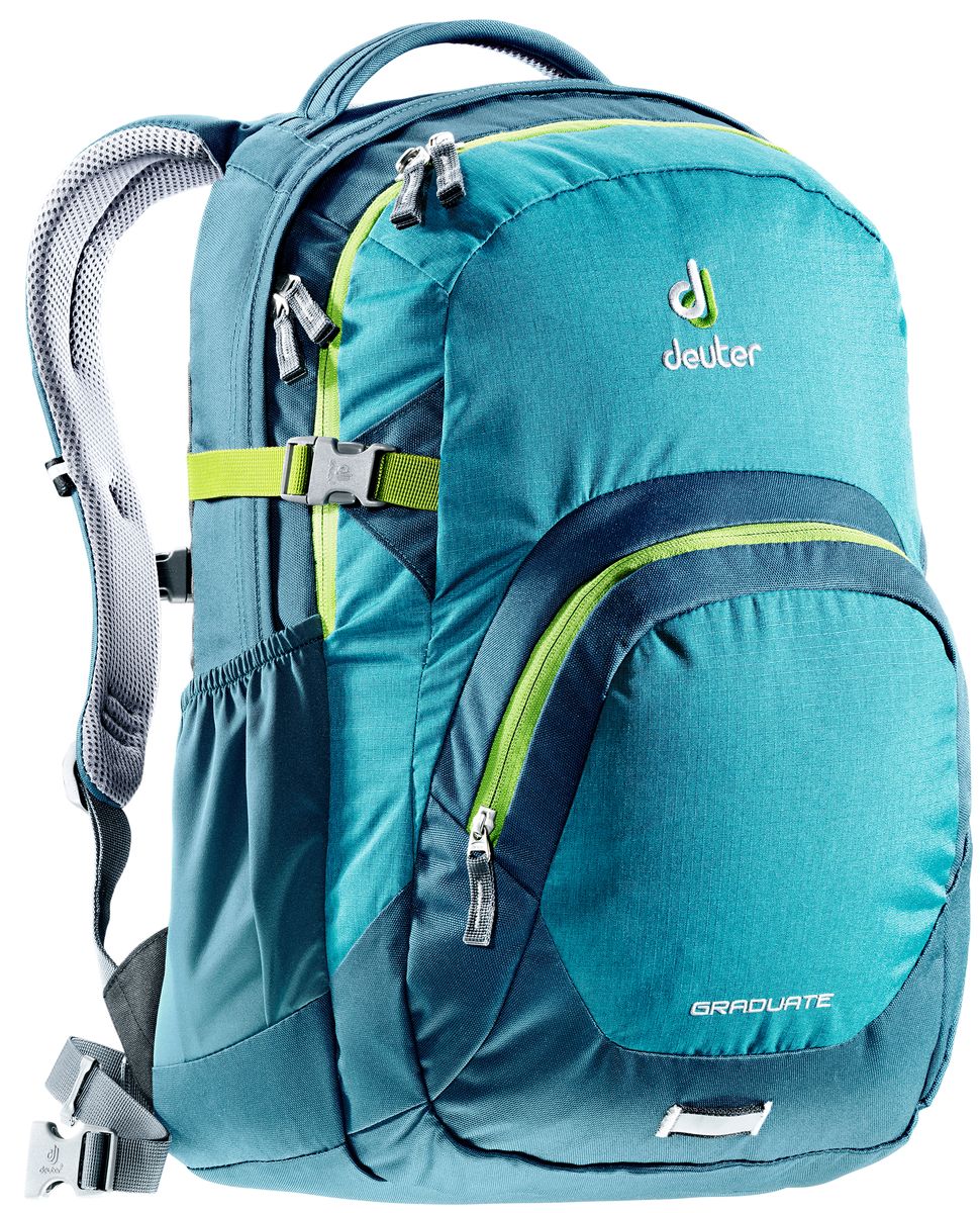 Рюкзак Deuter Daypacks Graduate, цвет: бирюзовый, темно-бирюзовый, 28 л80232_3325 Рюкзак Deuter Daypacks Graduate, цвет: бирюзовый, темно-бирюзовый, 28 л80232_3325Новый рюкзак для работы, учебы и вообще для чего угодно. Загружайте его тяжелыми книгами, большими пакетами с перекусом, ноутбуком - Graduate вмещает все. Все это легко нести, благодаря продуманной анатомической спинке с мягкими подушками системы Airstripes. Особенности: Система подвески Airstripes; Анатомические мягкие плечевые лямки; Основной отсек под размер папки со встроенным мягким отделением под ноутбук 15,4; Просторное второе отделение; Большой фронтальный карман с органайзером; Эластичные боковые карманы; Фиксатор для фонарика безопасности с отражателем 3M; Мягкая ручка; Съемный поясной ремень; Нагрудный ремень; Компрессионные стропы. Размер рюкзака: 48 х 33 х 23 см.