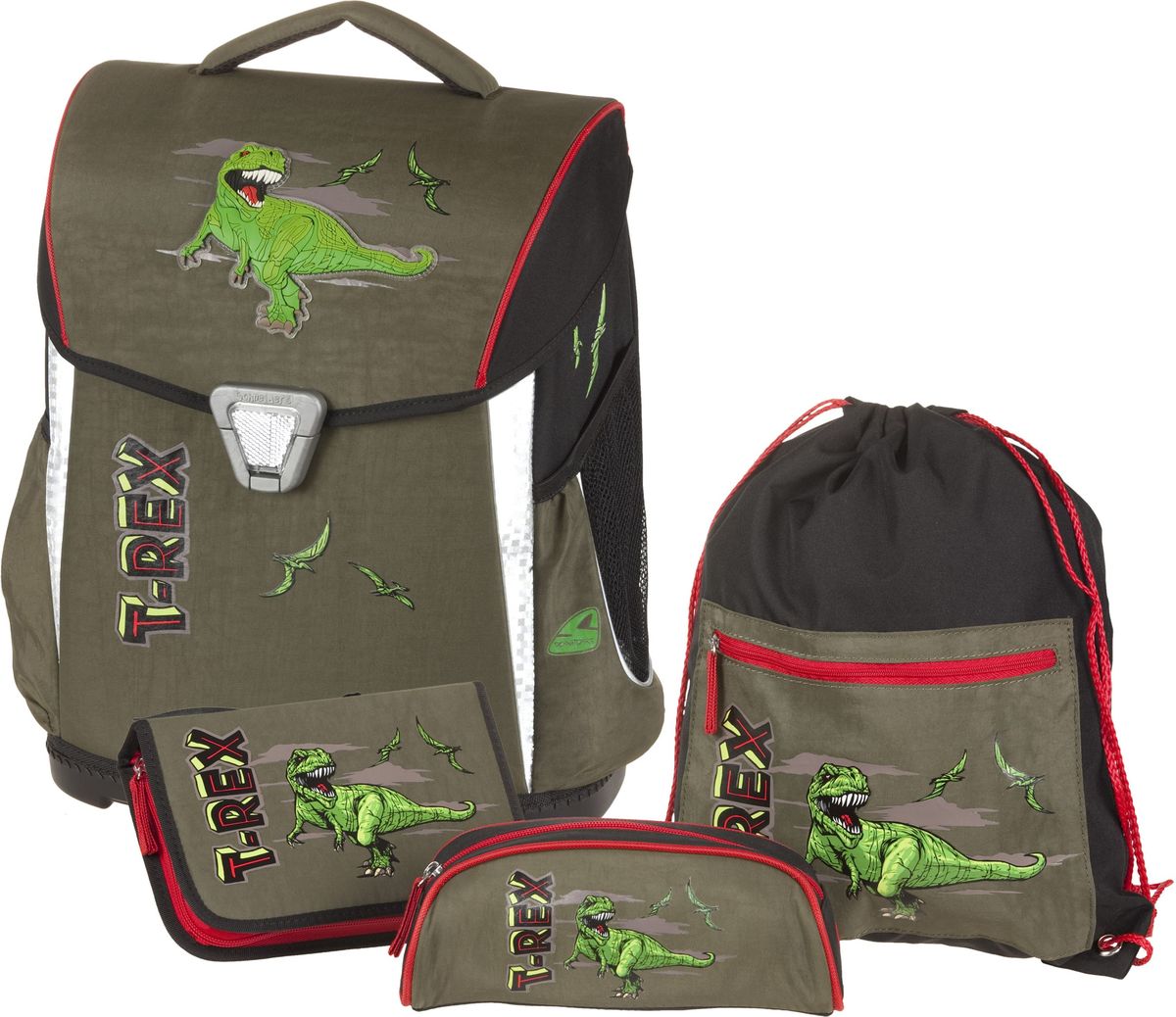 Schneiders Ранец школьный Toolbag Basic T-Rex с наполнением78999/60 Schneiders Ранец школьный Toolbag Basic T-Rex с наполнением78999/60Ранец с наполнением Toolbag BASIC, T-REXРазмер 39х30х19 см, Объем 19 л. Жесткий корпус гарантирует сохранность учебников и тетрадей.- Два внутренних отделения: первое — с сетчатым карманом на молнии, второе — с подвижной перегородкой.- Защелкивающийся замок KID CLIX со встроенными светоотражателями. Изготовлен из нейлона, благодаря чему выдерживает температуру до -60°С. Прочный, легкий и удобный. - Сетчатые боковые отделения можно положить бутылку с водой и многое другое. - Регулируемые мягкие широкие лямки снабжены светоотражающими элементами.- Уплотненная эргономичная спинка с упором для поясницы и боковой поддержкой. Вентилируемый материал обеспечивает постоянную циркуляцию воздуха и поддерживает необходимый комфорт .- Дно из жесткого пластика придает дополнительную прочность и устойчивость.Наполнение ранца:пенал пустой, пенал-косметичка, мешок для обуви