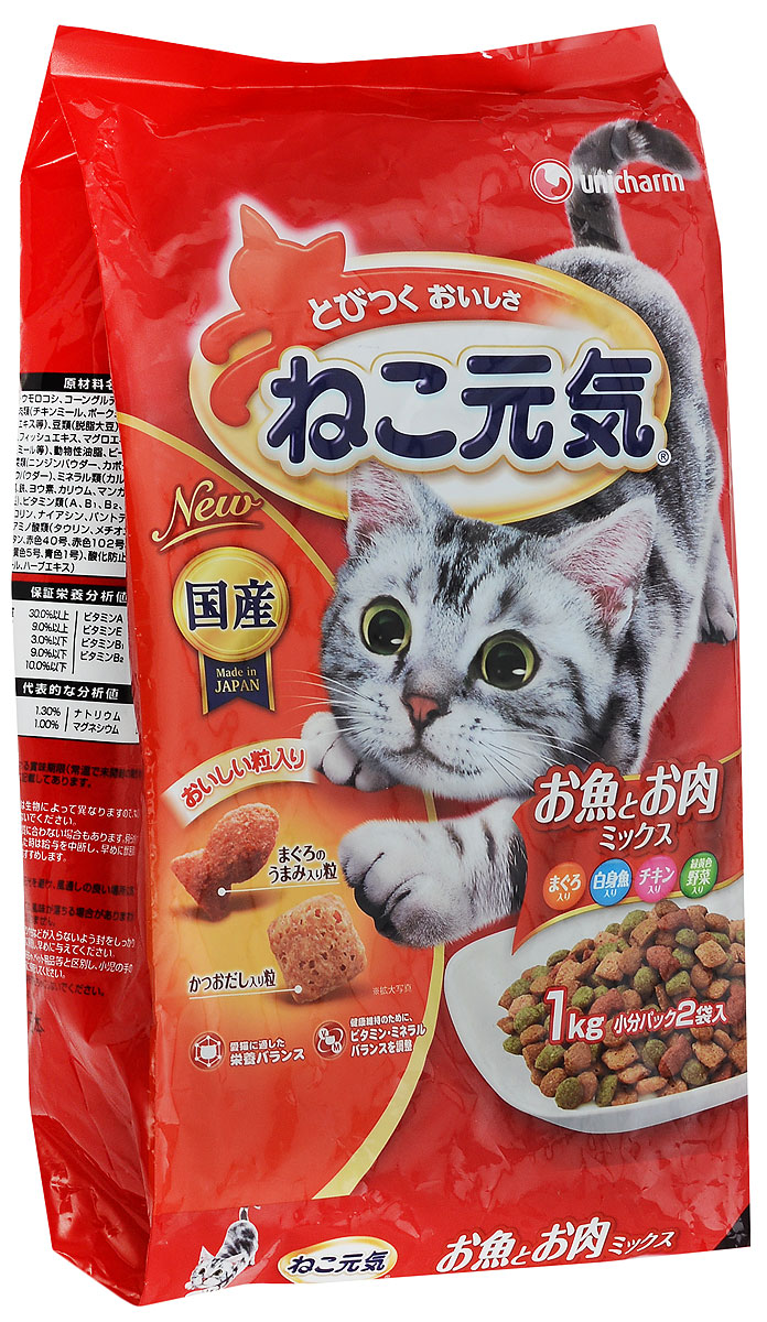 Корм сухой Unicharm Cat Genki для кошек, с тунцом, белой рыбой, курицей и овощами, 1 кг0120710 Корм сухой Unicharm Cat Genki для кошек, с тунцом, белой рыбой, курицей и овощами, 1 кг0120710Сухой корм для взрослых кошек Unicharm Cat Genki отличается разнообразием ингредиентов, богатых витаминами и минералами и полностью удовлетворяет энергетические и пищевые потребности взрослой кошки. Курица, основной ингредиент, представляет собой изысканный источник белка для развития крепких и здоровых мышц, а содержание тунца улучшает метаболизм. Корм специально разработан для укрепления основных защитных систем кошки - иммунной, пищеварительной, выделительной. содержание такого важного компонента, как таурин, предотвращает появление проблем зрения у кошки, защищает сердце и легкие. Корм служит профилактикой заболеваний мочевыводящих путей у кошек и поддерживает репродуктивную деятельность животного. Unicharm Cat Genki - это натуральное, вкусное и полезное питание для вашего питомца.Товар сертифицирован.