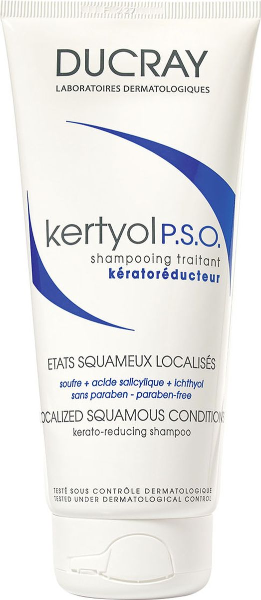 Ducray P.S.O. Шампунь Keracnyl уменьшающий шелушение кожи головы 125 млFS-00897 Ducray P.S.O. Шампунь Keracnyl уменьшающий шелушение кожи головы 125 млFS-00897Шампунь Kertyol P.S.O. (Кертиоль П.С.О.) эффективно устраняет факторы, провоцирующие образование участков гиперкератоза волосистой части головы. Уменьшает бляшки, снимает зуд, покраснение и шелушение за счет входящего в состав уникального комплекса компонентов. Основные компоненты:МИКРОНИЗИРОВАННАЯ СЕРА – известный кераторегулирующий ингредиент,уменьшает толщину чешуйчатой бляшки и способствует удалению хлопьевидных чешуек. САЛИЦИЛОВАЯ КИСЛОТА – кератолитик, дополняет действие серы, удаляя чешуйки с кожи. КЕРТИОЛЬ быстро и надолго уменьшает зуд и покраснение.Благодаря мягкой моющей основе, шампунь Кертиоль П.С.О.хорошо переносится и приятен в использовании. Может использоваться самостоятельно или в комплексе с лекарственными средствами, назначенными дерматологом.