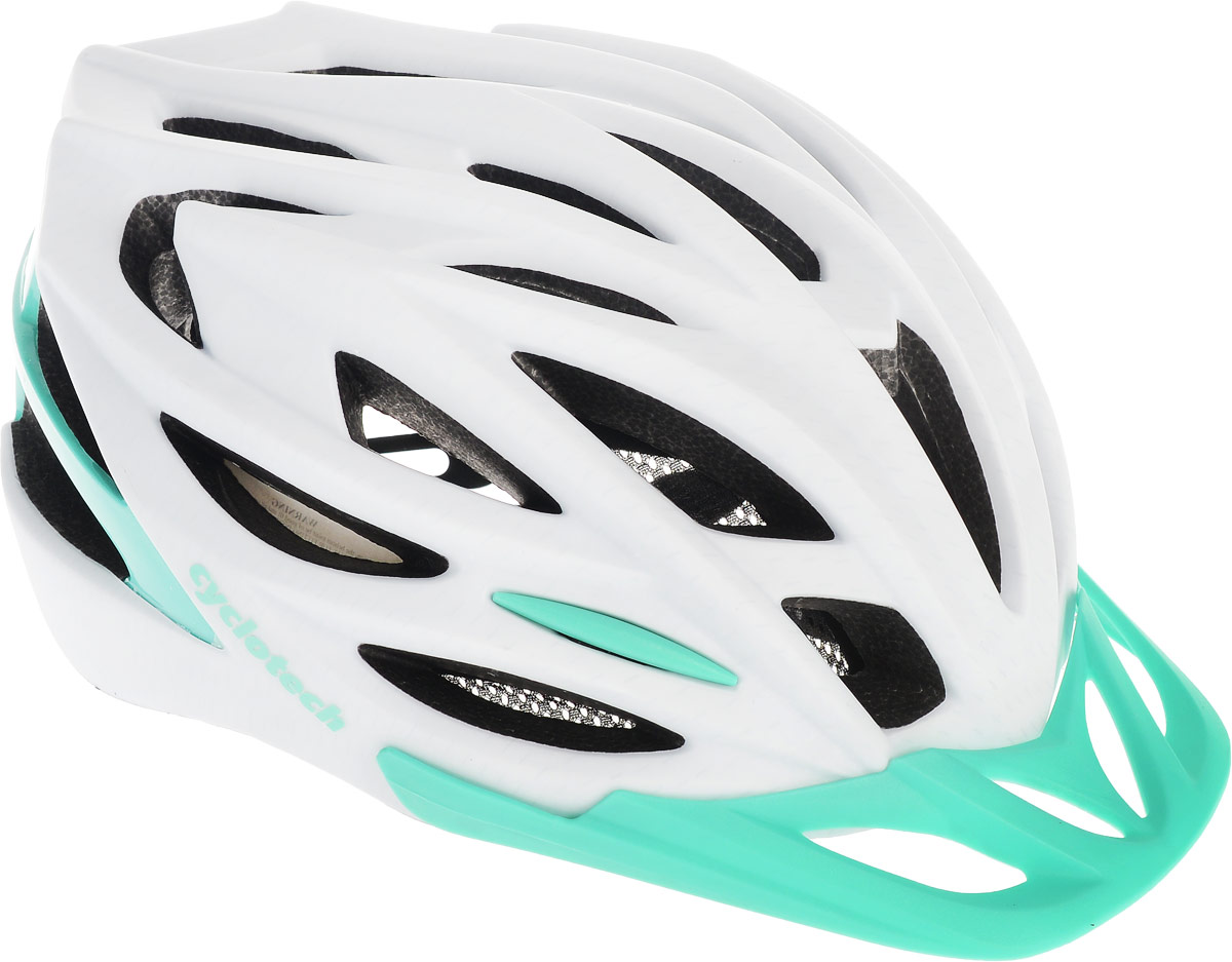 Шлем велосипедный Cyclotech, цвет: белый, изумрудный. Размер LZ90 black Шлем велосипедный Cyclotech, цвет: белый, изумрудный. Размер LZ90 blackЖенский велосипедный шлем продвинутого уровня Cyclotech изготовлен по современной технологии Inmold. За счет применения данной технологии шлем становится значительно более устойчивым к боковым и фронтальным ударам, как тупыми, так и острыми предметами (камни, скальные породы). Улучшенная система вентиляции. Шлем соответствует международным стандартам безопасности и надежности.Обхват головы: 58-62 см.