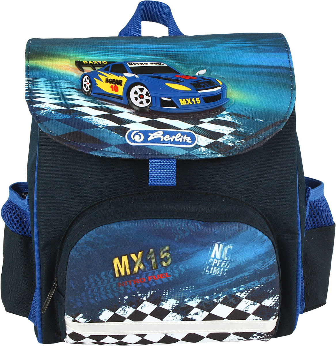 Herlitz Рюкзак дошкольный Softbag Super Race72523WD Herlitz Рюкзак дошкольный Softbag Super Race72523WDДошкольный рюкзак Herlitz Softbag Super Race - это идеальная модель, разработанная специально для детей от 6 лет.Рюкзак имеет одно вместительное отделение, закрывающееся клапаном на липучку. На лицевой стороне рюкзака находится накладной карман на застежке-молнии, а по бокам - два открытых накладных кармашка.Спинка, выполненная по специальной технологии из дышащего материала, равномерно распределяет нагрузку на плечи и спину ребенка. В нижней части спинки расположен поясничный упор - небольшой валик, на который при правильном ношении рюкзака будет приходиться основная нагрузка.Изделие оснащено удобной текстильной ручкой для переноски в руке и анатомическими лямками, которые можно регулировать по длине.Рюкзак дополнен светоотражающими элементами.