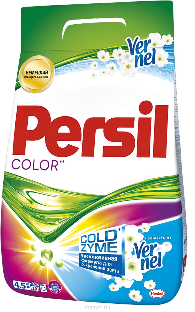 Стиральный порошок Persil Колор Свежесть от Vernel 4,5 кгGC204/30 Стиральный порошок Persil Колор Свежесть от Vernel 4,5 кгGC204/30Persil Color - стиральный порошок с сильной формулой, которая содержит активные капсулы пятновыводителя. Капсулы пятновыводителя быстро растворяются в воде и начинают действовать на пятно уже в самом начале стирки. Благодаря специальной формуле Persil Color отлично удаляет даже сложные пятна, а специальные цветозащитные компоненты сохраняют яркие цвета ткани. Persil Color для безупречной чистоты Вашего белья. В состав Persil Color также входят Жемчужины свежего аромата от Vernel – микрокапсулы, содержащие внутри отдушку. Во время стирки Жемчужины закрепляются на ткани и высвобождают свой аромат при каждом движении или прикосновении.Состав: 5-15% анионные ПАВ; Товар сертифицирован.