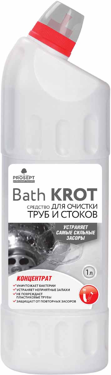 Средство для устранения засоров в трубах Prosept Bath Krot, концентрат, 1 л790009 Средство для устранения засоров в трубах Prosept Bath Krot, концентрат, 1 л790009Сильнощелочное чистящее средство для профилактики и устранения засоров в сточных и канализационных трубах. Удаляет сильные засоры органического происхождения, растворяя бумагу, волосы, жиры, пищевые отходы, мыло и пр. Уничтожает бактерии. Устраняет неприятные запахи. Глубоко проникает и очищает даже заполненные водой трубы. Обладает консервирующим эффектом, предохраняя от повторных засоров.