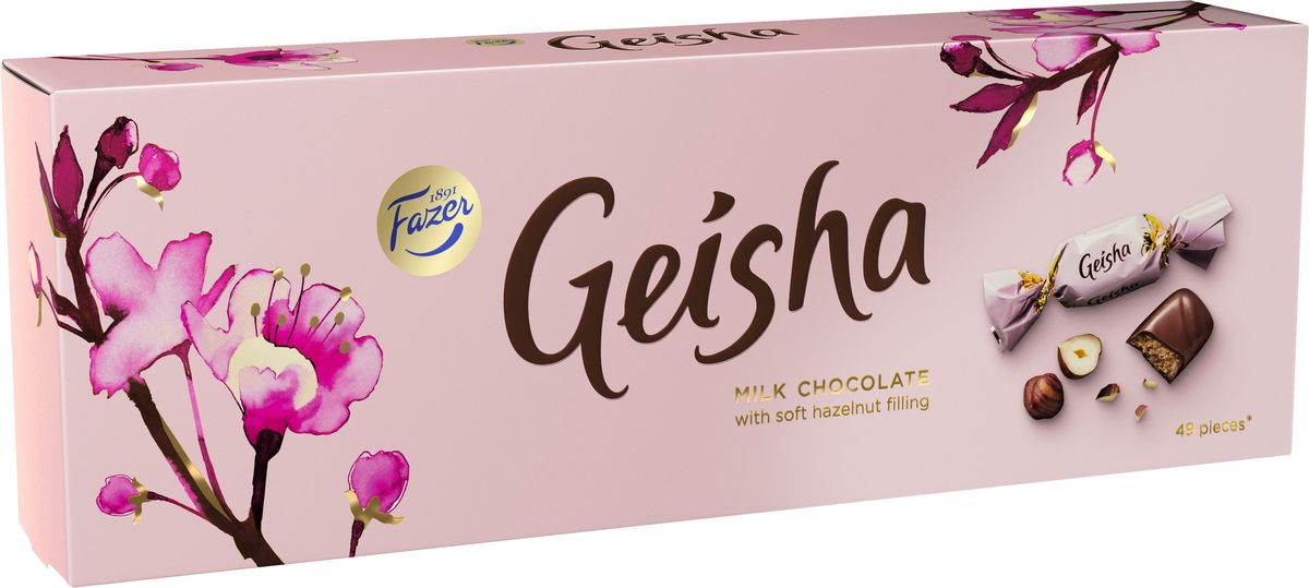Fazer Geisha конфеты молочный шоколад c тертым орехом, 350 г0120710 Fazer Geisha конфеты молочный шоколад c тертым орехом, 350 г0120710Производство шоколада шоколада Geisha началось в 1962 году, когда в превосходный молочный шоколад добавили начинку из натурального лесного ореха и оформили в изящную нежно розовую упаковку с цветущей сакурой. Шоколадно-ореховое лакомство воплощает в себе гармоничный образ женской красоты, полный загадочности и романтики.