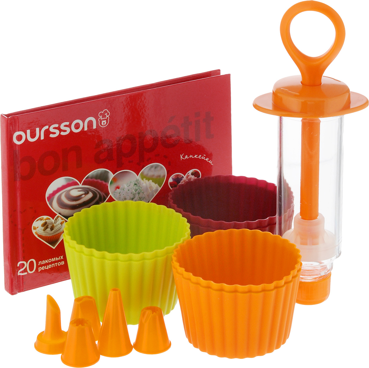 Набор для выпечки Oursson Bon Appetit, 13 предметов54 009312 Набор для выпечки Oursson Bon Appetit, 13 предметов54 009312Если вы любите побаловать своих домашних вкусной и ароматной выпечкой по вашему оригинальному рецепту, то набор для выпечки Oursson Bon Appetit как раз то, что вам нужно! Набор идеально подходит для приготовления сладкой с соленой выпечки. Набор состоит из 6 силиконовых форм для выпечки, кондитерского шприца с 5 насадками и книги рецептов.Формочки выполнены из силикона. Силикон устойчив к перепадам температуры от -40°C до +230°C, практичен при хранении за счет гибкости. Такие формы позволяют быстро и легко извлекать приготовленные изделия.Кондитерский шприц и насадки изготовлены из пластика. С помощью данного изделия вы сможете украсить свои десерты на ваш вкус.В комплект входит книга, в которой предоставлены 20 рецептов капкейков. Капкейк - американское название кекса. Пирожное небольшого размера, предназначенное для употребления в пищу одним человеком, запеченное в тонкой бумаге или алюминиевой форме для выпечки.Предметы набора можно мыть в посудомоечной машине, использовать в микроволновой печи, духовом шкафу и морозильной камере.Размер формы для кекса: 6,5 х 6,5 х 4 см. Размеры кондитерского шприца (в сложенном состоянии): 17 х 6 х 4 см.