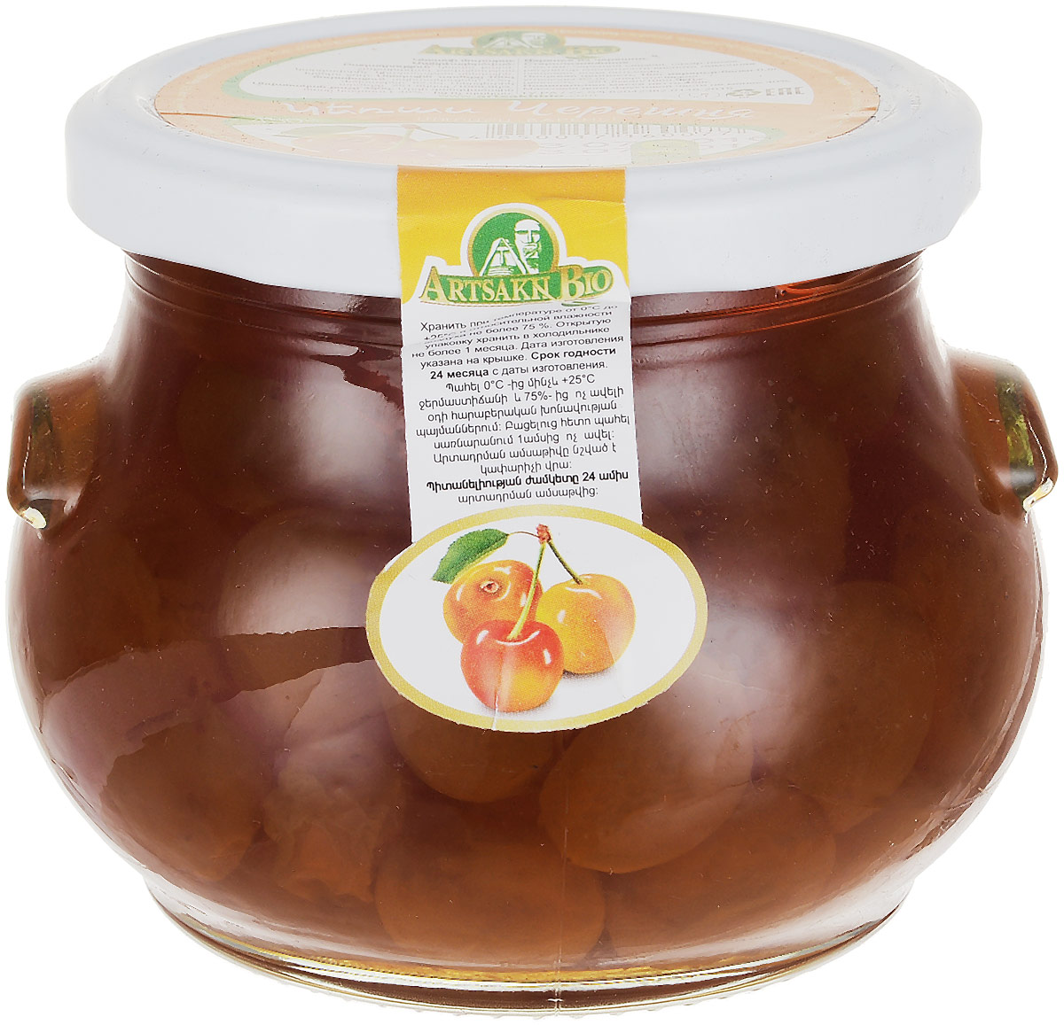 Artsakh Bio варенье из черешни, 450 г0120710 Artsakh Bio варенье из черешни, 450 г0120710Черешня пользуется огромной популярностью. Это прародительница вишни. Плоды черешни имеют сердцевидную форму. Окраска светлая желтая, почти белая.В их состав входят сахар, органические кислоты, микроэлементы, макроэлементы (йод, железо, кальций), витамины А, Е, В, С. Пектиновые вещества, находящиеся в ягоде, благотворно влияют на пищеварение, а антоцианы защищают организм человека от свободных радикалов. Полезные ягоды помогают быстро избавиться от отеков. Варенье Artsakh Bio очень вкусное, янтарного цвета.Уважаемые клиенты! Обращаем ваше внимание, что полный перечень состава продукта представлен на дополнительном изображении.