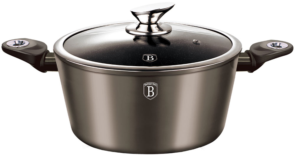 Кастрюля Berlinger Haus Carbon Metallic Line, с крышкой, 4 л391602 Кастрюля Berlinger Haus Carbon Metallic Line, с крышкой, 4 л391602Кастрюля с крышкой 24 см, 4 л, материал: кованый алюминий, толщина стенок 0,5 см, 3 слоя мраморного покрытия, эргономичная ручка soft touch, индукционное дно. Подходит для всех видов плит: газовых, электрических, стеклокерамических, галогенных, индукционных.
