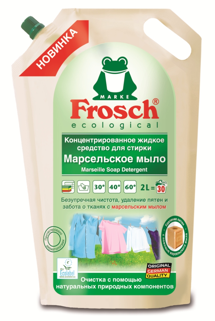 Жидкое средство для стирки Frosch Марсельское мыло, концентрированное, 2 л106-026 Жидкое средство для стирки Frosch Марсельское мыло, концентрированное, 2 л106-026Жидкое средство для стирки Frosch Марсельское мыло подходит для всех типов ткани, кроме шерсти и шелка. Марсельское мыло, входящее в состав средства, эффективно удаляет загрязнения, пятна и сохраняет цвет вещей во время стирки. Вы получите безупречно чистое белье без пятен благодаря эффективному и бережному действию средства при температуре от 30°С до 95°С. Пригодно для предварительной обработки трудновыводимых пятен. Жидкое средство для стирки Frosch Марсельское мыло подходит для ручной и машинной стирки. Объем: 2 л.Состав: 5-15% неионогенные ПАВ, менее 5% анионные ПАВ, мыло, энзимы, оптические отбеливатели, ароматизирующие добавки. Прочие компоненты: пищевые красители, марсельское мыло.Товар сертифицирован.