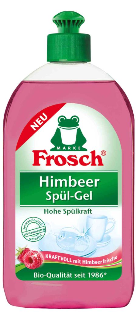Гель для мытья посуды Frosch, концентрированный, с ароматом малины, 0,5 л391602 Гель для мытья посуды Frosch, концентрированный, с ароматом малины, 0,5 л391602Гель для мытья посуды Frosch быстро удаляет жир и грязь с помощью высокоэффективных биологически жирорастворяющих веществ, которые разлагаются в почве на 98%. Благодаря своей нейтральной кислотности, гель благоприятно действует на кожу рук, сохраняя ее эластичной и ухоженной, оставляя после себя приятный аромат малины.Товар сертифицирован.
