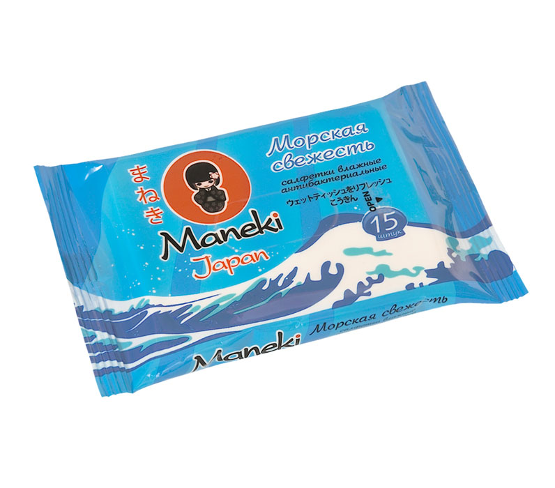Maneki Салфетки влажные Kaiteki антибактериальные Морская свежесть, 15шт.MP59.4D Maneki Салфетки влажные Kaiteki антибактериальные Морская свежесть, 15шт.MP59.4DВлажные салфетки антибактериальные Морская свежесть не содержат спирт. Эффективно очищают руки от различных загрязнений. Эффективно очищают руки от различных загрязнений. Размер листа 153х200 мм в упаковке 15 шт.