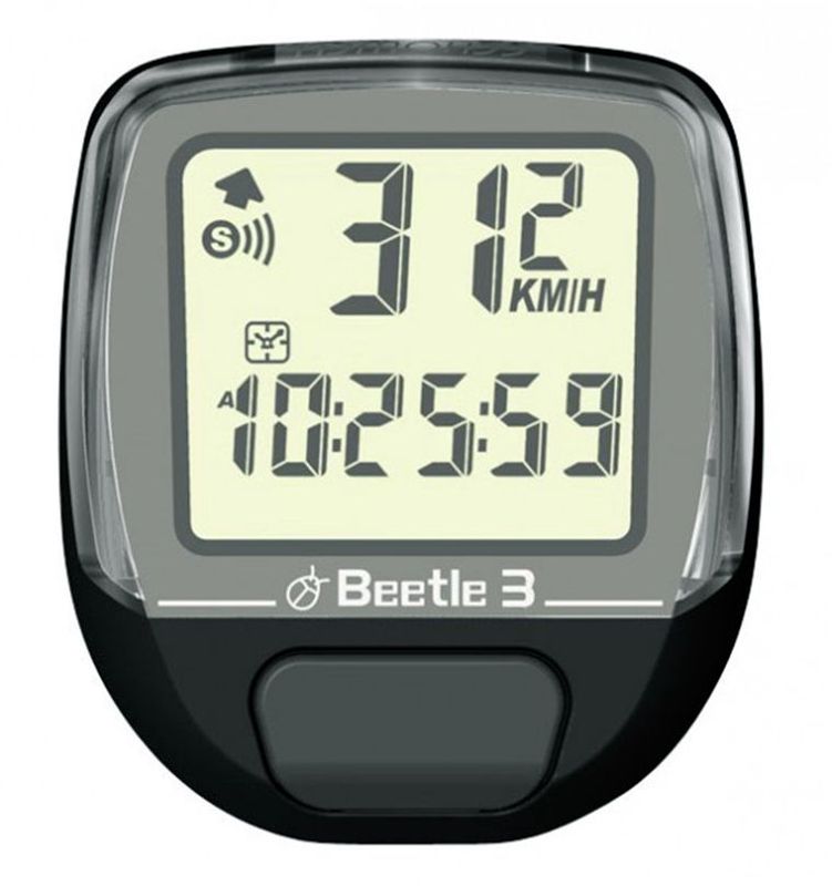 Велокомпьютер Echowell Beetle-3, проводной, 10 функций, цвет: черныйMABLSEH10001 Велокомпьютер Echowell Beetle-3, проводной, 10 функций, цвет: черныйMABLSEH10001Проводной велокомпьютер Echowell Beetle-3 с десятью функциями в стильном корпусе предназначен для использования при занятиях велоспортом, велотуризмом и просто катании на велосипеде. Это удобный и простой в использовании электронный прибор, предоставляющий велосипедисту всю необходимую информацию о поездке. Имеет отличную водо- и пылезащиту.Велокомпьютер состоит из двух частей соединенных проводом - дисплея, внешне похожего на электронные часы и датчика скорости. Дисплей крепится на руле с возможностью мгновенно отсоединить его, когда нет желания оставлять на велосипеде без присмотра или под дождем. Магнитный датчик скорости (геркон) крепится рядом с колесом.Велокомпьютер определяет скорость движения с точностью до десятых долей, дистанцию - с точностью до 10 метров. На дисплее функции поочередно сменяют друг друга. Все операции и настройки выполняются одной кнопкой.Функции: скорость текущая, скорость средняя, скорсть максимальная, время в пути, общее время катания на велосипеде, дистанция поездки, одометр, температура воздуха, часы, скан (функция скан задействует режим показа всех функций на дисплее компьютера поочередно).Питание: от литиевой батарейки типа CR2032 (входит в комплект).
