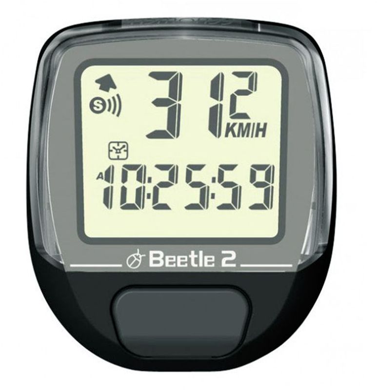 Велокомпьютер Beetle-2, 8 функций, цвет: черный4712593200564 Велокомпьютер Beetle-2, 8 функций, цвет: черный4712593200564Проводной велокомпьютер Beetle-2 с восьмью функциями в стильном корпусе предназначен для использования при занятиях велоспортом, велотуризмом и просто катании на велосипеде. Имеет отличную водо и пылезащиту.Велокомпьютер Beetle-2 оснащен следующими функциями: Текущая скорость.Средняя скорость.Максимальная скорость.Текущее время.Общее время.Общий пробег (одометр). Текущее расстояние.Часы.Велокомпьютер определяет скорость движения с точностью до десятых долей, дистанцию - с точностью до 10 метров. На дисплее функции поочередно сменяют друг друга. Все операции и настройки выполняются одной кнопкой. Велокомпьютер работает от литиевой батарейки типа CR2032 (входит в комплект). Характеристики:Материал: пластик, металл. Размер велокомпьютера: 4 см x 5 см x 2 см. Размер упаковки: 8,5 см x 7,5 см x 4 см. Производитель: Тайвань. Изготовитель: Китай.