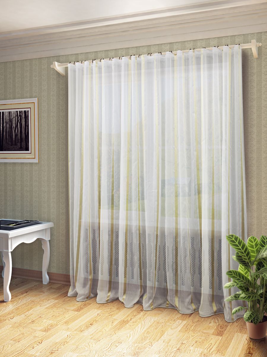 Тюль Sanpa Home Collection Романа, на ленте, цвет: белый, золотистый, высота 260 смBH-UN0502( R) Тюль Sanpa Home Collection Романа, на ленте, цвет: белый, золотистый, высота 260 смBH-UN0502( R)Тюль Романа нежного цвета изготовлена из ткани вуаль. Воздушная ткань привлечет к себе внимание и идеально оформит интерьер любого помещения. Тюль сделает ваш интерьер более нежным, воздушным и невесомым. Можно драпировать окно только тюлью или только портьерами, но вместе они создают идеальную композицию. Мы рекомендуем под однотонные портьеры нейтральных тонов подбирать сложносочиненную тюль, с изысканной вышивкой и орнаментом, а под портьеры с рисунком или ярких тонов - выбирать тюль с минималистичным рисунком или вообще без него.Крепление к карнизу осуществляется при помощи вшитой шторной ленты.