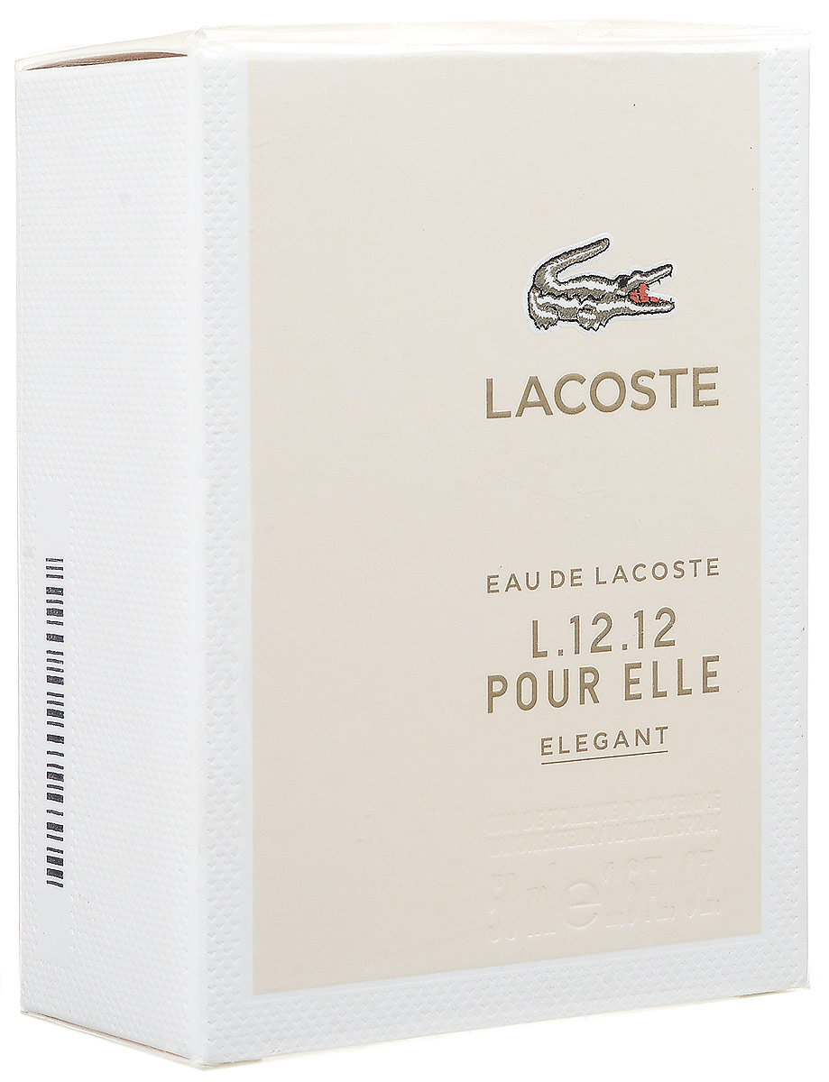 LACOSTE Eau de Lacoste L.12.12 Pour Elle Elegant Туалетная вода 50 мл28032022 LACOSTE Eau de Lacoste L.12.12 Pour Elle Elegant Туалетная вода 50 мл28032022Свежий и классический парфюм, универсальный и приятный. Фруктово-цитрусовые ноты начала композиции объединяются с легким пряным аккордом, а их яркость смягчается нежностью цветов. Древесно-пудровый характер базы привносит теплоту и чувственность.Верхняя нота: кокосовое молоко.Средняя нота: жасмин-самбак и белые цветы.Шлейф: корень ириса.Elegant - непринужденный, излучающий уверенность, классический, но вместе с тем современный и актуальный.Дневной и вечерний аромат.