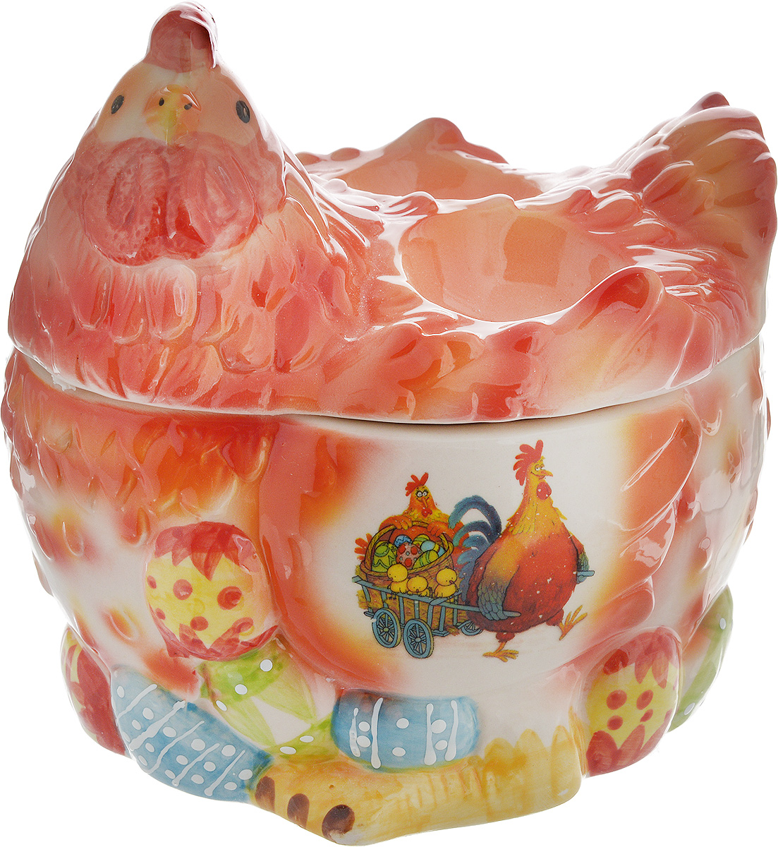 Ваза Win Max Курочка, для пасхальных яиц и угощений, 16 х 17 х 14 смVT-1520(SR) Ваза Win Max Курочка, для пасхальных яиц и угощений, 16 х 17 х 14 смVT-1520(SR)Ваза Win Max изготовлена из высококачественной керамики с глазурованным покрытием и оформлена рельефным рисунком. Изделие дополнено крышкой, которая выполнена в виде фигурки курочки. На крышке расположены две подставки для яиц. Оригинальный дизайн украсит интерьер вашей кухни, а функциональность порадует любую хозяйку. Размеры емкости (без учета крышки): 16 х 13х 9 смВысота крышки: 9 см
