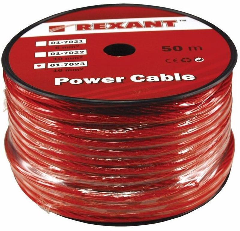 Кабель силовой Rexant Power Cable, цвет: красный, диаметр 8,5 мм, длина 50 мSVC-300 Кабель силовой Rexant Power Cable, цвет: красный, диаметр 8,5 мм, длина 50 мSVC-300Кабель акустический торговой марки Rexant 1х16 мм? используется для подключения звуковых систем и является важным элементом для передачи аудиосигнала. Качественный акустический кабель торговой марки REXANT – залог отличного звука домашней или автомобильной аудиоаппаратуры. Высокое качество изготовления и широкая область применения отличает акустический кабель торговой марки Rexant. Отличное сочетание цены и качества этой продукции порадует любого аудиолюбителя, цель которого – получить чистый звук по выгодной цене. Кабель акустический торговой марки Rexant 1х16 мм? состоит многопроволочного проводника в изоляции из сверхэластичного прозрачного поливинилхлоридного пластиката благодаря которому кабель сохраняется работоспособность при температуре до плюс 128 С °Сечение проводника составляет 6мм?Напряжение до 48 Вольт