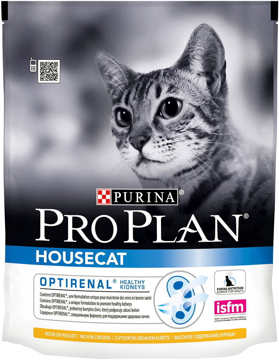 Корм сухой Pro Plan House Cat для взрослых кошек, живущих в помещении, с курицей, 400 г0120710 Корм сухой Pro Plan House Cat для взрослых кошек, живущих в помещении, с курицей, 400 г0120710Сухой корм Pro Plan House Cat - это полноценный рацион для взрослых кошек живущих в помещении. Он содержит особую разработанную с участием ученых комбинацию ингредиентов для поддержания здоровья вашего питомца в течение продолжительного времени. Особенности сухого корма: содержит уникальную формулу для поддержания здоровья почек,контролирует процесс образования комков шерсти и способствует мягкому продвижению шерсти по пищеварительному тракту,обеспечивает здоровое переваривание и продвижение пищи по желудочно-кишечному тракту,помогает восстановлению здоровья желудочно-кишечного тракта.Состав: курица (20%), кукурузный глютен, сухой белок птицы, рис, кукуруза, сухая мякоть свеклы, животный жир, сухой корень цикория (2%), яичный порошок, минеральные вещества, концентрат горохового белка, пшеничный глютен, рыбий жир, вкусоароматическая кормовая добавка, дрожжи, натуральный пребиотик. Анализ: белок: 36%, жир: 14%, сырая зола: 7%, сырая клетчатка: 5%.Добавки на кг: витамин А: 32 600; витамин D3: 1060; витамин Е: 720 мг/кг; железо: 60; йод: 1,9; медь: 11; марганец: 15; цинк: 140; селен: 0,12 мг/кг.Товар сертифицирован.