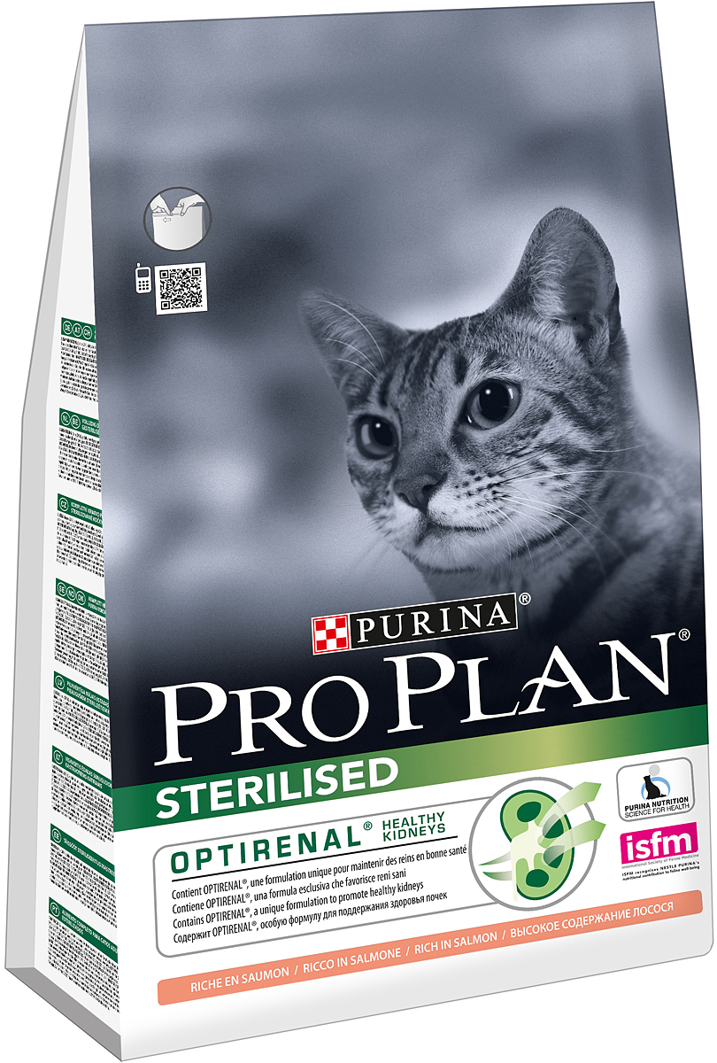 Корм сухой Pro Plan Sterilised для кастрированных котов и стерилизованных кошек, с лососем, 3 кг0120710 Корм сухой Pro Plan Sterilised для кастрированных котов и стерилизованных кошек, с лососем, 3 кг0120710Сухой корм Pro Plan Sterilised - полнорационный корм для взрослых кастрированных котов и стерилизованных кошек. Содержит особую разработанную с участием ученых комбинацию ингредиентов для поддержания здоровья кошек в течение продолжительного времени. Pro Plan STERILISED - корм с высококачественным белком и низким содержанием жира, сочетающий все необходимые питательные вещества, включая витамины А, С и Е, а также Омега-3 и Омега-6 жирные кислоты. Обеспечивает баланс pH мочи. Для поддержания здоровья стерилизованных кошек и кастрированных котов.Содержит Optirenal, уникальный комплекс для поддержания здоровья почек.Поддерживает здоровье мочевыводящей системы стерилизованных кошек и кастрированных котов, предотвращая риск развития заболевания нижнего отдела мочевыводящих путей.Помогает защищать зубы от образования налета и зубного камня.Помогает поддерживать здоровый весСостав: лосось (20%), кукурузный глютен, рис, сухой белок птицы, кукуруза, концентрат горохового белка, пшеничный глютен, пшеничная клетчатка, минеральные вещества, яичный порошок, животный жир, вкусоароматическая кормовая добавка, дрожжи, витамины. Добавленные вещества (на 1 кг): витамин А 35000 МЕ; витамин D3 1100 МЕ; витамин Е 900 МЕ; витамин С 160 мг; железо 235 мг; йод 3 мг; медь 47 мг; марганец 105 мг; цинк 397 мг; селен 0,27 мг, антиокислители. Гарантируемые показатели: белок 41%, жир 12%, сырая зола 7%, сырая клетчатка 4,5%, Омега-3 жирные кислоты 0,7%, Омега-6 жирные кислоты1,6%. Товар сертифицирован.