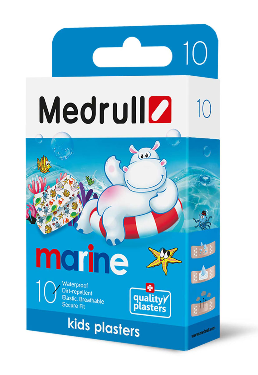 Medrull Лейкопластырь медицинский детский в стрипах Kids 10 шт00000084 Medrull Лейкопластырь медицинский детский в стрипах Kids 10 шт00000084Пластыри с веселым рисунком особенно понравятся детям. Водонепроницаемые, грязенепроницаемыe, приятные для кожи, они изготовлены из гипоаллергенного, перфорированного полимерного материала. Легко и быстро снимаются. Абсорбирующая подушечка изготовлена из вискозы и обладает высокой впитываемостью. Верхняя часть подушечки обработана полипропиленом, что защищает от вероятности прилипания пластыря к поврежденной поверхности кожи.Товар сертифицирован.