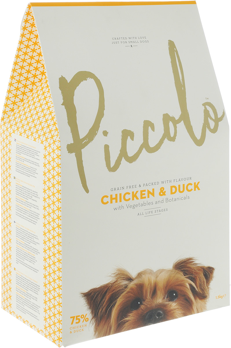 Корм сухой Piccolo GF, для собак мелких пород, цыпленок и утка, 1,5 кг0120710 Корм сухой Piccolo GF, для собак мелких пород, цыпленок и утка, 1,5 кг0120710Сухой корм Piccolo GF для каждодневного питания взрослых собак мелких и карликовых пород (от двух месяцев). В содержании мясе цыпленка и мясе утки более высокий уровень протеина, который требуется вашей маленькой собаке. Piccolo содержит большое количество мяса, удовлетворяя изысканные потребности в еде вашего малыша. Состав: свежее бескостное мясо цыпленка (32%), свежее бескостное мясо утки (21%), мука из мяса цыпленка (16%), батат, горох, картофель, мука из мяса утки (6%), дегидратированное яйцо (2,5%), люцерна, утиный бульон (1%), куриный бульон (0,5%), минералы, витамины, яблоко, морковь, семена подорожника, водоросли, фруктоолигосахариды, шпинат, клюква, ромашка, мята, календула, семена аниса и пажитника. Анализ состава: сырой протеин - 33%, жиры - 18%, сырая клетчатка - 2,5%, сырая зола - 10%, влажность - 8%, Омега 6 - 2,8%, Омега 3 - 0,4%, кальций - 2,3%, фосфор - 1,9%.Питательные добавки (на кг): витамин А - 16 250 МЕ, витамин D3 - 2 400 МЕ, Моногидрат сульфата железа - 641 мг, моногидрат сульфата цинка - 577 мг, моногидрат сульфата марганца - 141 мг, пентагидрат сульфата меди - 46 мг, безводный йодат кальция - 3,1 мг, селенит натрия - 0,53 мг.