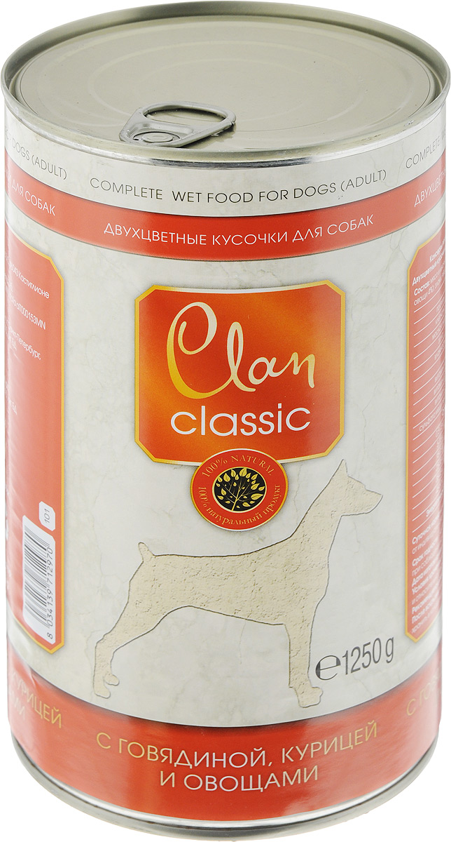 Консервы для собак Clan Classic, кусочки в соусе с говядиной, курицей и овощами, 1,25 кг0120710 Консервы для собак Clan Classic, кусочки в соусе с говядиной, курицей и овощами, 1,25 кг0120710Полнорационный влажный корм Clan Classic для каждодневного питания взрослых собак. Корм в виде двухцветных кусочков для самых привередливых собак. Консервы изготовлены из высококачественного сырья. Для производства корма используется щадящая технология, бережно сохраняющая максимум питательных веществ и витаминов, отборное сырье и специально разработанная рецептура, которая обеспечивает изысканный деликатесный вкус и ярко выраженный аромат. Состав: мясо и мясные субпродукты (говядина 4%, курица 4%, овощи 4%); злаки; яйца и яичные субпродукты; минералы, сахара. Анализ состава: протеин 5,5%; клетчатка 0,5%; масла и жиры 3,5%; зола 3%; влажность 82%. Добавки на 1 кг: витамин А - 1 310 МЕ; витамин Д3 - 160 МЕ; витамин Е - 10 мг; сульфата меди пентагидрат 7,6 мг (медь 1,9 мг). Энергетическая ценность: в 100 г. продукта - 68 кКал. Товар сертифицирован.