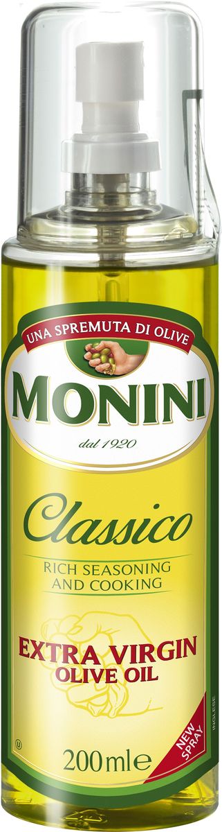 Monini масло оливковое Extra Virgin спрей, 200 мл0120710 Monini масло оливковое Extra Virgin спрей, 200 мл0120710Оно с успехом заменяет собой обычное масло из семян подсолнуха для жарки любых продуктов, а также идеально подходит для салатов. Бутылочка оборудована удобным спреем-дозатором.