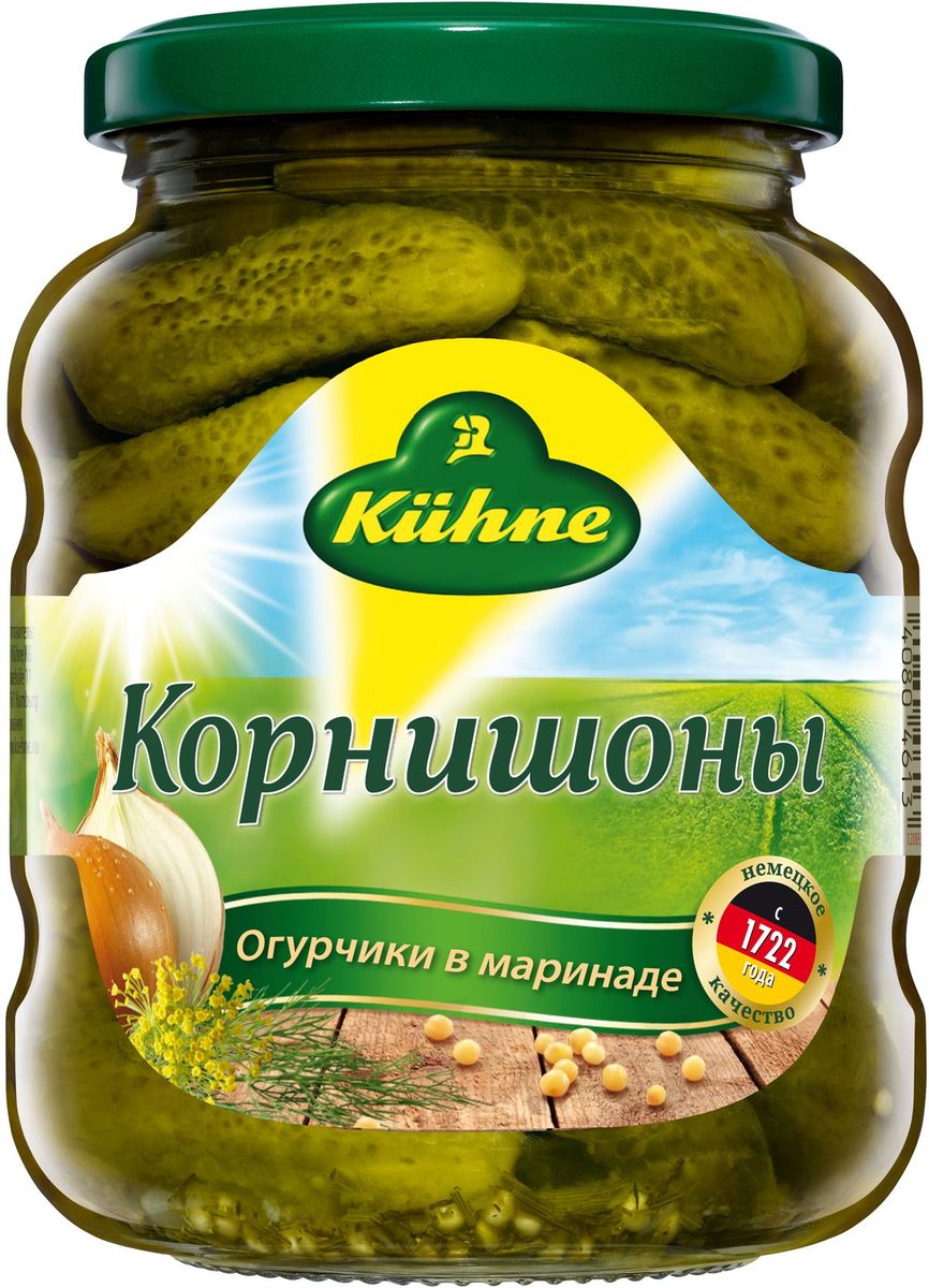 Kuhne Корнишоны, 330 г0120710 Kuhne Корнишоны, 330 г0120710Эти отборные огурчики выращены и произведены в Германии по особомурецепту. Тщательно отобранные натуральные специи и пряности,высококачественный уксус, особо бережная техника переработки гарантируетнепревзойденный вкус и неизменно высшее качество.