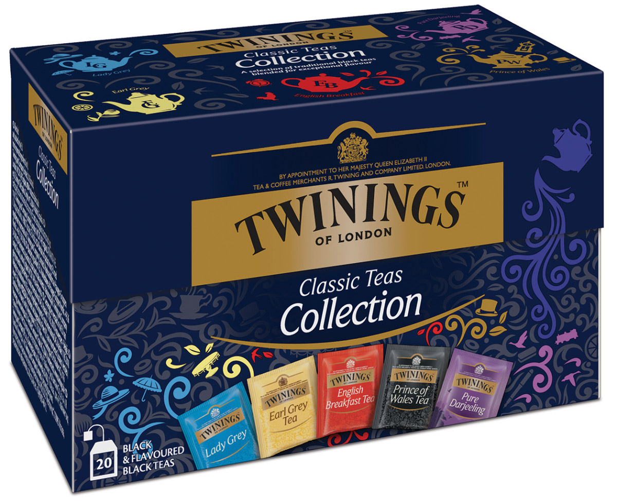 Twinings Classic Collection черный чай пяти видов в пакетиках, 20 шт4607051542457 Twinings Classic Collection черный чай пяти видов в пакетиках, 20 шт4607051542457Чай черный в пакетиках Twinings Classic Collection (Твайнингс Классическая коллекция) - это специальная упаковка, содержащая 5 видов черного ароматизированного чая Twinings, индивидуально упакованного, по 5 пакетиков каждого вида: Английский чай для завтрака, Эрл Грей, Леди Грей, Принц Уэльский и Дарджилинг.