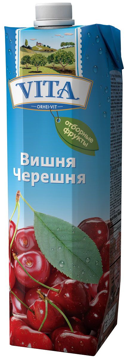 Vita нектар вишнево-черешневый с мякотью, 1 л0120710 Vita нектар вишнево-черешневый с мякотью, 1 л0120710Вишнево-черешневый нектар Vita прекрасно подходит для коктейлей. Черешня - это та ягода продукте, в котором собрана почти вся таблица Менделеева. С этой вкусной ягодой в организм попадает большая группа витаминов и микроэлементов. Вишня способствует уменьшению риска сердечно-сосудистых заболеваний. Кроме понижения уровня холестерина в крови и снятия воспаления, вишня позволяет сокращать жиры в теле и избавляться от лишнего веса. Без ароматизаторов, красителей и консервантов. Перед употреблением взбалтывать.