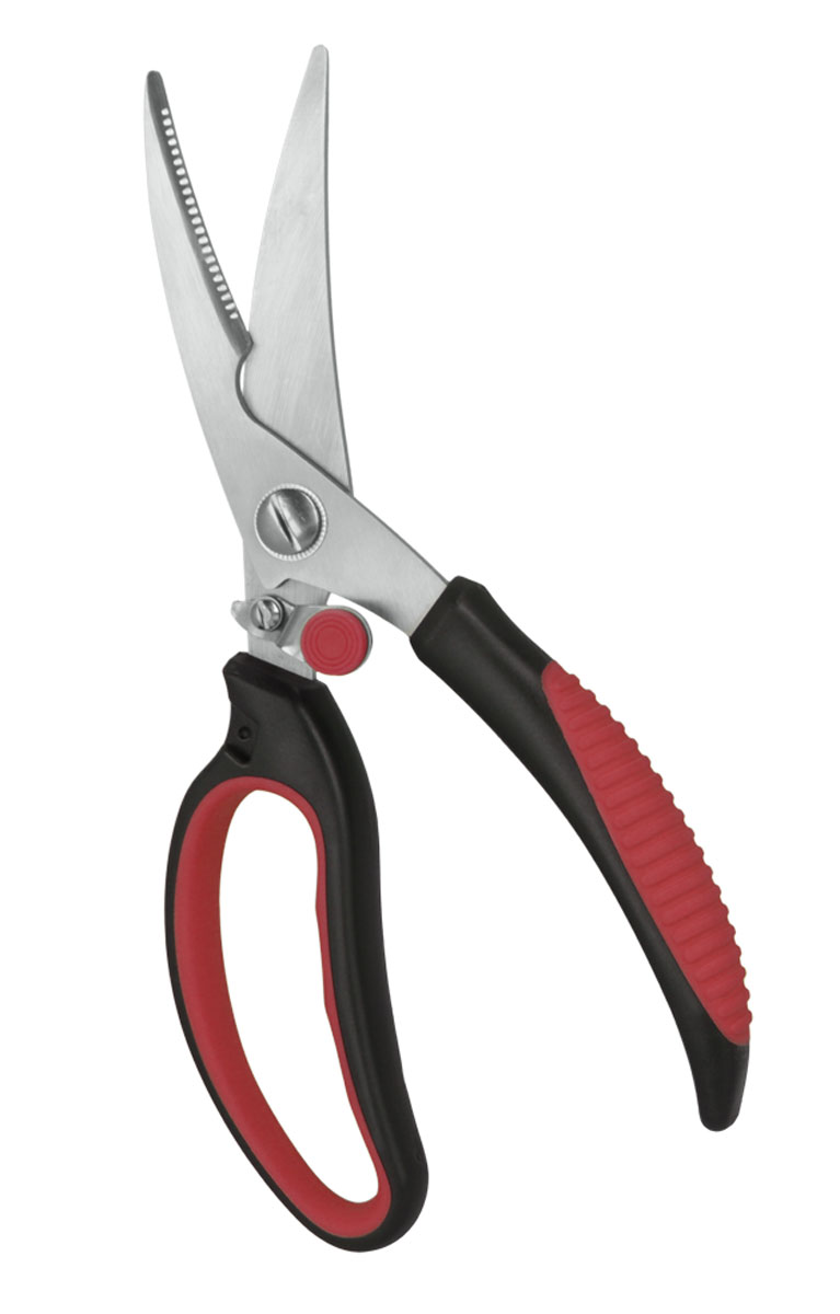Ножницы кухонные Metaltex, длина 23 см54 009312 Ножницы кухонные Metaltex, длина 23 см54 009312Кухонные ножницы Metaltex c нескользящей ручкой и зазубренным нижним лезвием предназначены для работы с продуктами, также легко справятся с разделкой и обработкой птицы. Эргономично разработанные ручки Soft Touch очень удобны для захвата и обеспечивают удобство при работе.Ручки ножниц выполнены из нетоксичного сверхпрочного пластика.Уникальный способ соединения ручек с лезвием гарантирует прочный спай между ними. Граненое лезвие для точного среза. Дизайн высококачественных нержавеющих стальных лезвий позволяет использовать режущую поверхность по всей длине лезвия. Механизм блокировки включается большим пальцем. Допускается мытье в посудомоечной машине.