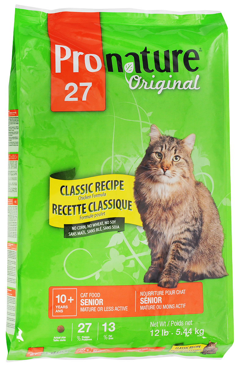 Корм сухой Pronature Original 27 для стареющих кошек, облегченный, с курицей, 5,44 кг0120710 Корм сухой Pronature Original 27 для стареющих кошек, облегченный, с курицей, 5,44 кг0120710Повзрослев и став менее активной, ваша кошка по-прежнему нуждается в тщательно подобранном рационе с учетом физиологических потребностей и вкусовой избирательности. Приготовленная с вниманием и заботой формула корма Pronature Original 27с курицей, без кукурузы, пшеницы и сои, содержит в себе все питательные вещества, необходимые для поддержания здоровья и внешнего вида. Формула де-люкс - для прекрасного самочувствия вашего питомца!Товар сертифицирован.