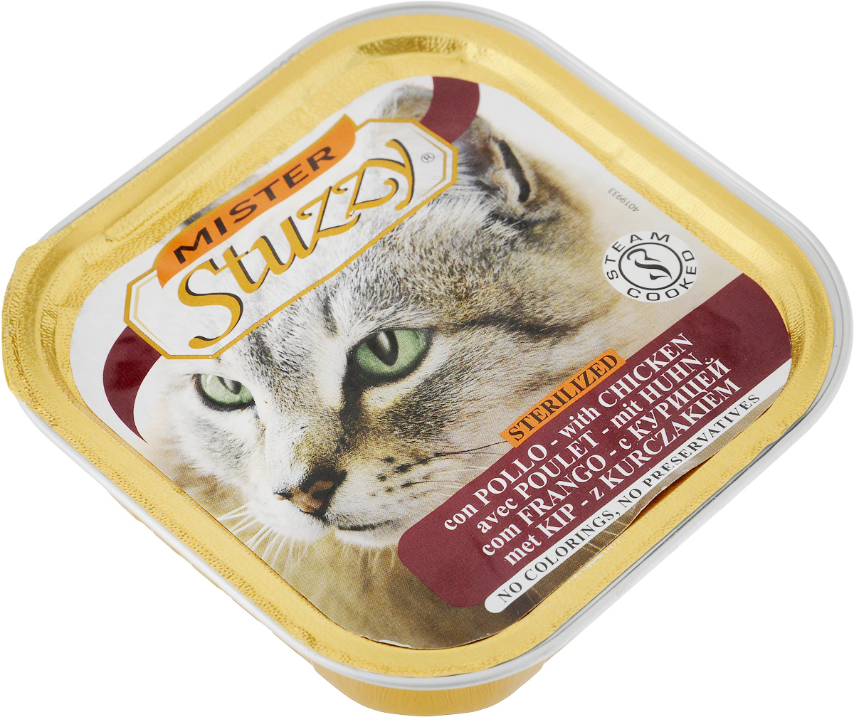 Консервы Stuzzy Mister, для стерилизованных кошек, с курицей, 100 г130.3.050 Консервы Stuzzy Mister, для стерилизованных кошек, с курицей, 100 г130.3.050Stuzzy Mister - полноценное и сбалансированное питание для взрослых стерилизованных кошек. Корм обогащен таурином и витамином Е для поддержания правильной работы сердца и иммунной системы. Инулин обеспечивает всасывание питательных веществ, а биотин способствуют великолепному внешнему виду кожи и шерсти. Корм приготовлен на пару, не содержит красителей и консервантов. Товар сертифицирован.