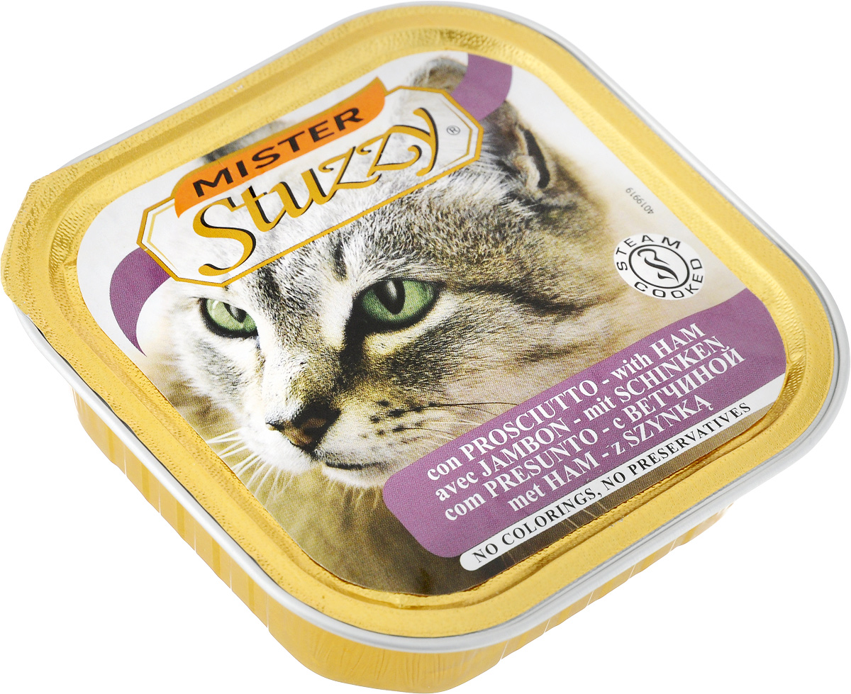 Консервы для кошек Stuzzy Mister, с ветчиной, 100 г0120710 Консервы для кошек Stuzzy Mister, с ветчиной, 100 г0120710Stuzzy Mister - это полнорационный корм для взрослых кошек. Корм обогащен таурином и витамином Е для поддержания правильной работы сердца и иммунной системы. Инулин обеспечивает всасывание питательных веществ, а биотин способствуют великолепному внешнему виду кожи и шерсти. Корм приготовлен на пару, не содержит красителей и консервантов. Товар сертифицирован.
