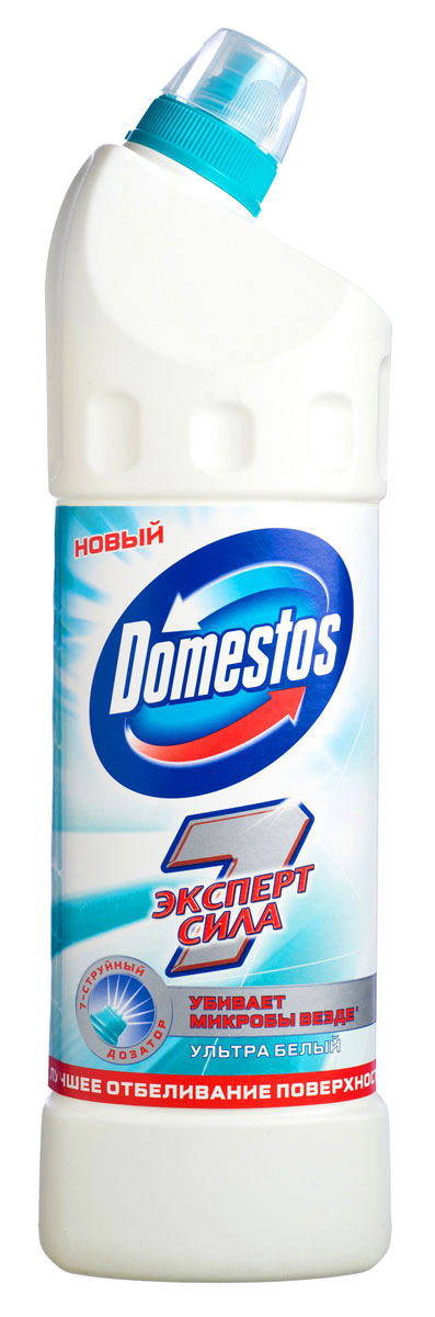 Domestos Эксперт сила 7 Чистящее средство для унитаза Ультра белый 1 л790009 Domestos Эксперт сила 7 Чистящее средство для унитаза Ультра белый 1 л790009Чистящее средство для унитаза Domestos Эксперт сила. Ультра белый при ежедневном использовании дает вам и вашей семье защиту от микробов в туалете, убивая все известные микробы, и в то же время дарит вашему унитазу белоснежную чистоту и сияние. Благодаря инновационному 7-струйному дозатору Domestos эффективно очищает унитаз и убивает микробы, добираясь даже до самых труднодоступных мест, в которых очищение обычно затруднено. Среди средств для туалетов Domestos - бесспорный лидер, благодаря густой формуле и удобной форме бутылки. Влага и тепло - идеальные условия для размножения бактерий, грибка, плесени. Регулярное использование небольшого количества Domestos убирает мыльной осадок, темные пятна, дезинфицирует поверхности. Domestos безопасен. При надлежащем использовании Domestos абсолютно безвреден как для людей, так и для окружающей среды: содержащееся в нем активное дезинфицирующее вещество сразу после применения распадается на безопасные компоненты. Состав: менее 5%: гипохлорит натрия, анионные ПАВ, неионогенные ПАВ, мыло, отдушка.Товар сертифицирован.