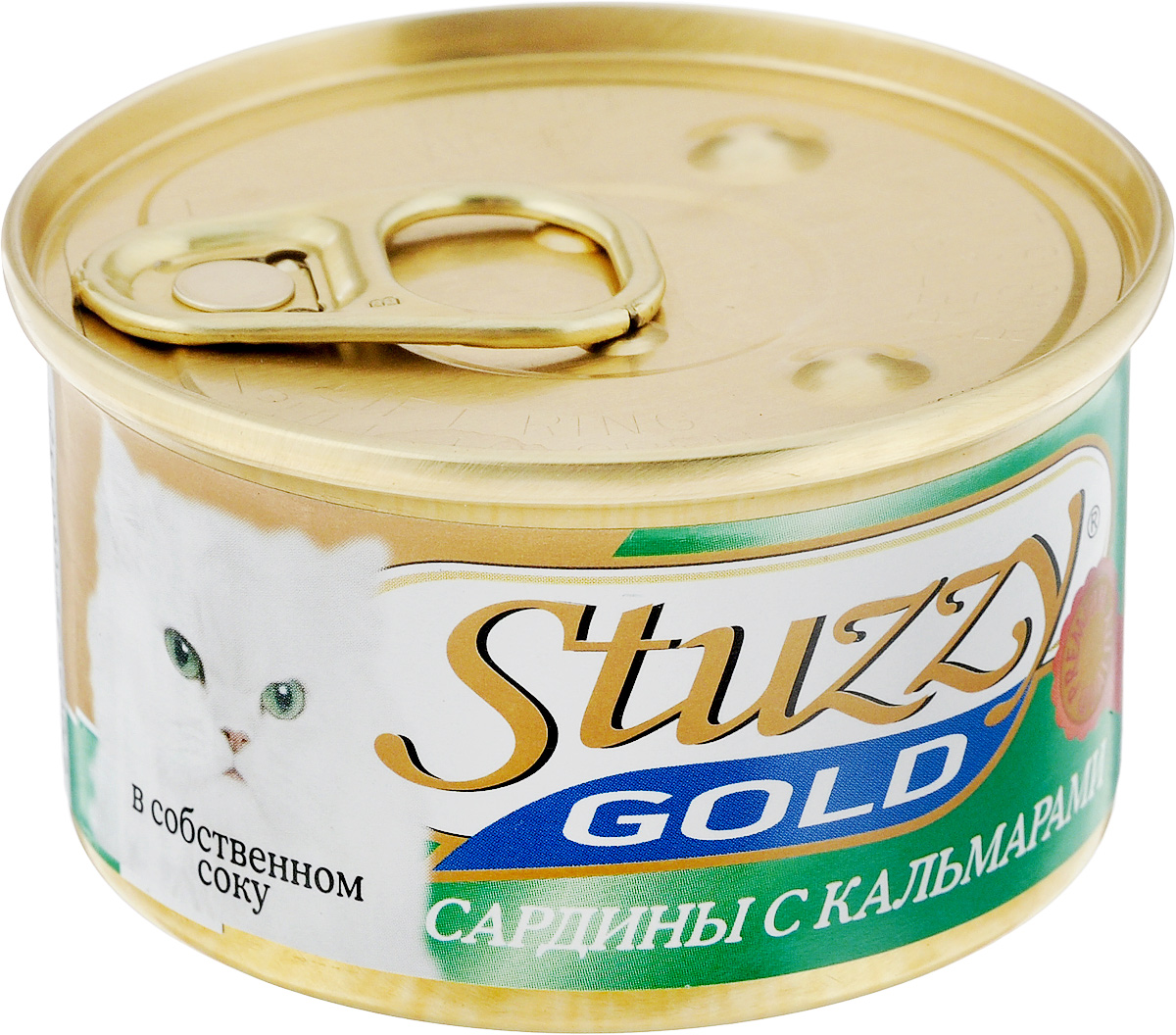 Консервы для взрослых кошек Stuzzy Gold, сардины с кальмарами в собственном соку, 85 г0120710 Консервы для взрослых кошек Stuzzy Gold, сардины с кальмарами в собственном соку, 85 г0120710Консервы для кошек Stuzzy Gold - это дополнительный рацион для взрослых кошек. Корм обогащен таурином и витамином Е для поддержания правильной работы сердца и иммунной системы. Инулин обеспечивает всасывание питательных веществ, а биотин способствуют великолепному внешнему виду кожи и шерсти. Корм приготовлен на пару, не содержит красителей и консервантов. Состав: субпродукты морепродуктов: сардины 57,6%, кальмары 4,7%, креветки 2,4%, мидии 0,9%.Питательная ценность: белок 11,2%, жир 2,8%, клетчатка 0,1%, зола 2,6%, влажность 82%.Питательные добавки (на кг): витамин А 1325 МЕ, витамин D3 110 МЕ, витамин Е 15 мг,таурин 160 мг.Товар сертифицирован.