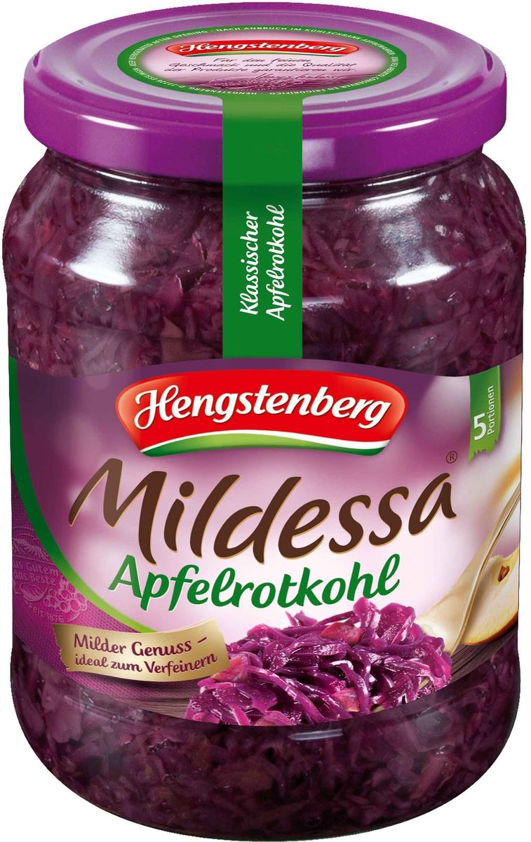Hengstenberg Милдесса капуста краснокочанная с яблоками, 720 мл0120710 Hengstenberg Милдесса капуста краснокочанная с яблоками, 720 мл0120710Краснокочанная капуста характеризуется долгим хранением. Она пригодна для гарниров, салатов, квашения и маринования.