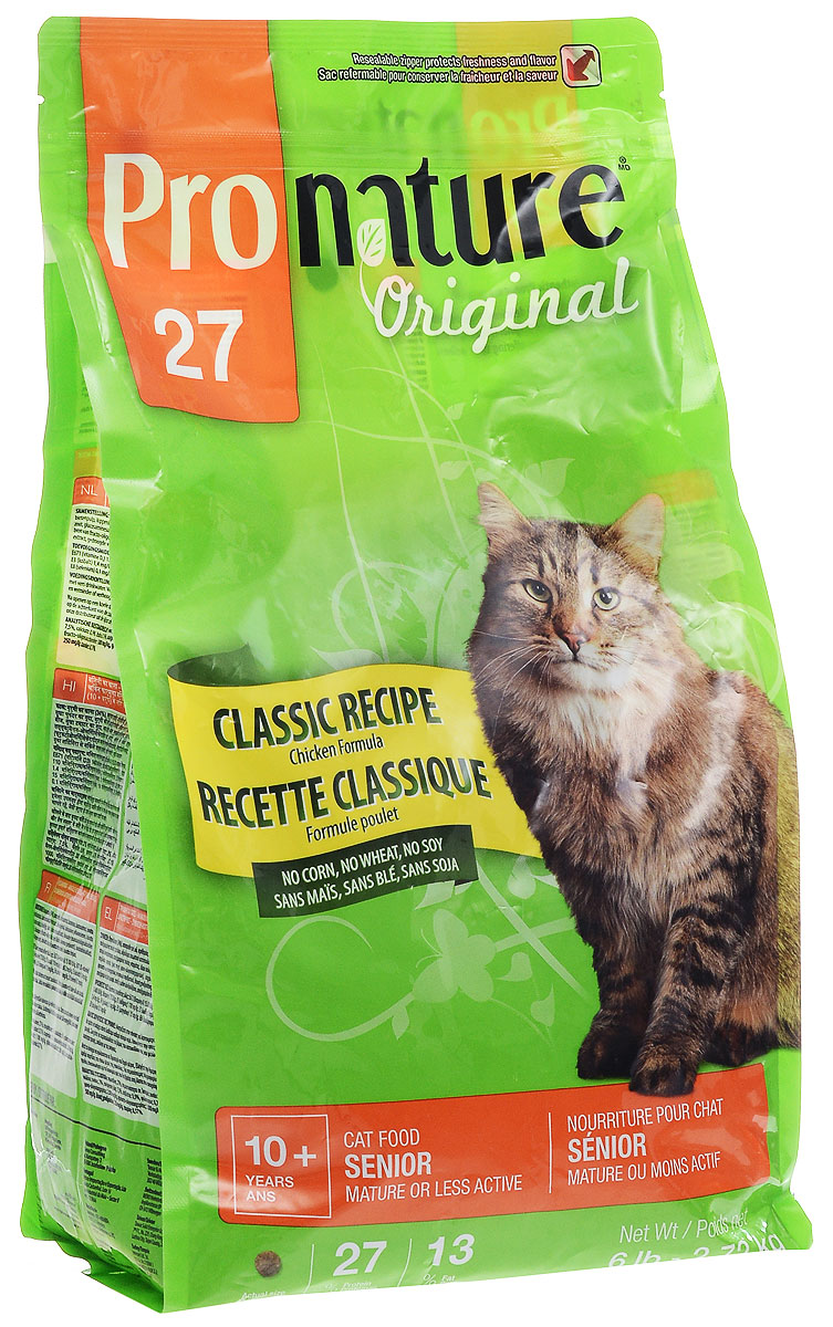 Корм сухой Pronature Classic Recipe для пожилых кошек зрелого возраста или малоактивных, с курицей, 2,72 кг102.336 Корм сухой Pronature Classic Recipe для пожилых кошек зрелого возраста или малоактивных, с курицей, 2,72 кг102.336Сухой корм Pronature Classic Recipe является полнорационным кормом для пожилых кошек зрелого возраста (от 10 лет и старше) или малоактивных.Корм Pronature приготовлен из тщательно отобранных компонентов, обогащен уникальной смесью экстрактов целебных трав, овощей и ягод, является идеальным сухим кормом класса премиум для кошек и собак. Уникальный состав кормов Pronature, в котором нет сои, красителей, искусственных ароматизаторов и консервантов, гарантирует оптимальное развитие вашего животного на каждом этапе его жизни.Товар сертифицирован.