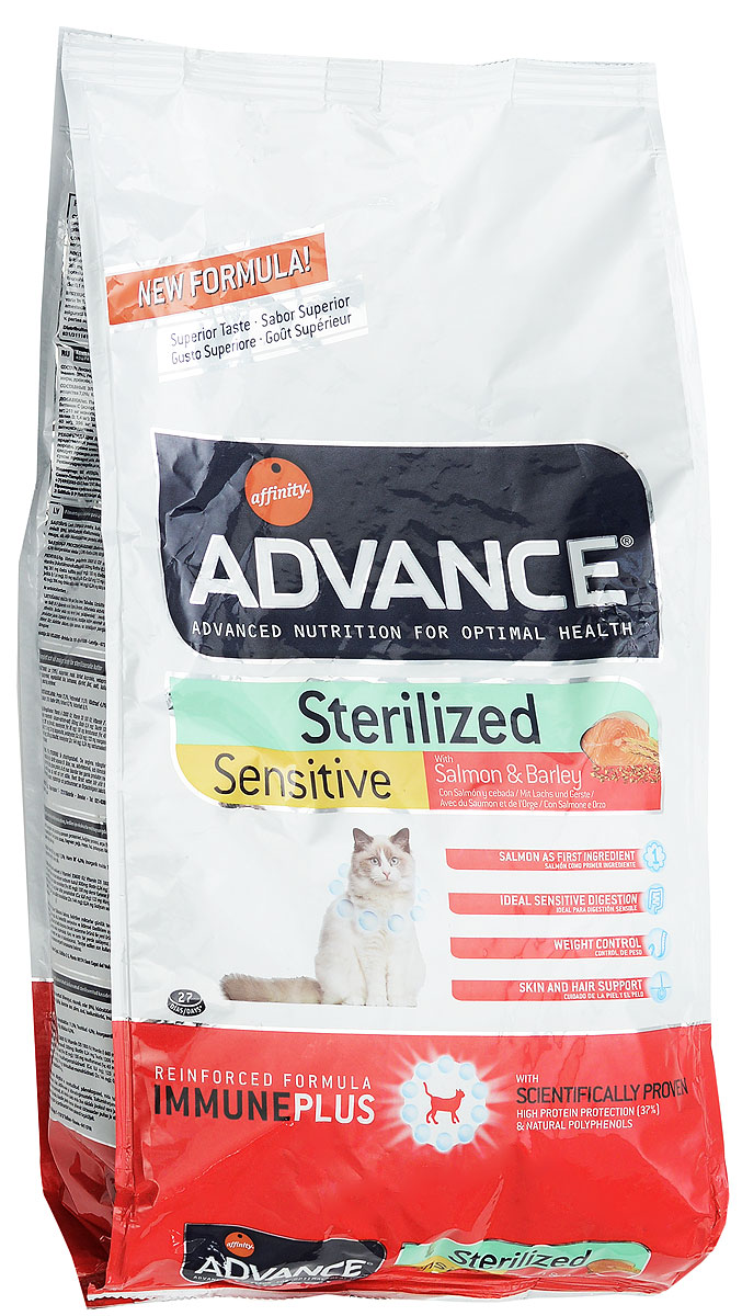 Корм сухой Advance Sterilized, для стерилизованных кошек, ячмень и лосось, 1,5 кг0120710 Корм сухой Advance Sterilized, для стерилизованных кошек, ячмень и лосось, 1,5 кг0120710Сухой корм Advance Sterilized является полнорационным сбалансированным кормом для кастрированных котов и стерилизованных кошек. Особенности корма Advance Sterilized: предотвращает ожирение без потери мышечной массы; уменьшает риск появление мочекаменной болезни или камней; улучшение гормональных функций.Сухой корм Advance - это высококачественная продукция, основанная на последних разработках в области диетологии и питания, чтобы поддерживать вашего любимца в отличном состоянии. Advance полностью сбалансированный корм, который обеспечивает прекрасное самочувствие животного, как внутри, так и снаружи.