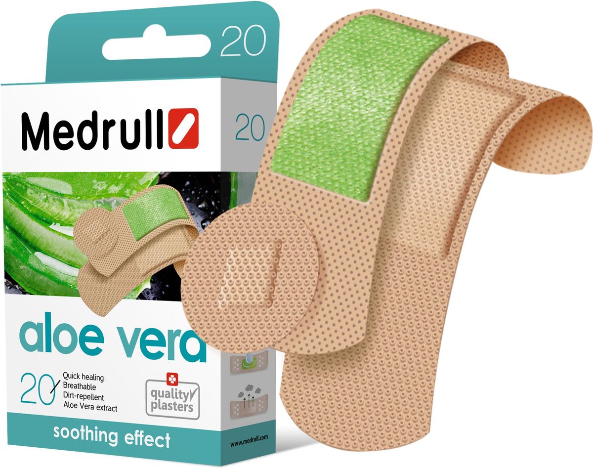 Medrull Набор пластырей Aloe Vera, №20БУ-00000316 Medrull Набор пластырей Aloe Vera, №20БУ-00000316Пластыри с экстрактом Aloe Vera. Научно исследовано, что Aloe Vera является натуральным антисептиком, обладающим свойствами защиты против вирусов, бактерий, грибков, а также болеутоляющим свойством. Благодаря натуральным свойствам, пластыри, абсорбирующая подушечка которых, содержит натуральный экстракт Aloe Vera, своим уникальным биохимическим составом, помогут бережно защитить рану от размножения микроорганизмов и бактерий, а также успокоит кожу и ускорит процесс заживления. Рекомендовано использовать пластыри только после дезинфекции раны. Свойства пластыря: водонепроницаемые, грязенепроницаемые, гипоаллергенные, эластичные, дышащие, плотно прилегающие. Изготовлены из тонкого, полимерного, трехдименсионного, микроперфорированного материала. Абсорбирующая подушечка изготовлена из вискозы и обладает высокой впитываемостью. Верхняя часть подушечки обработана полипропиленом, что защищает от вероятности прилипания пластыря к поврежденной поверхности кожи. Содержит 1.5% экстракт Аloe vera.