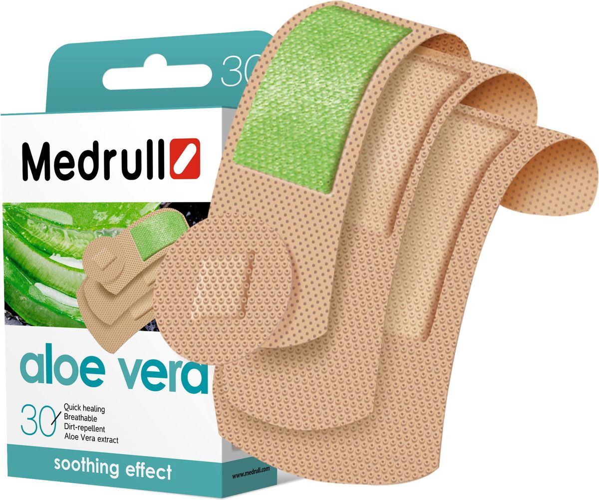 Medrull Набор пластырей Aloe Vera, №3027112015 Medrull Набор пластырей Aloe Vera, №3027112015Пластыри с экстрактом Aloe Vera. Научно исследовано, что Aloe Vera является натуральным антисептиком, обладающим свойствами защиты против вирусов, бактерий, грибков, а также болеутоляющим свойством. Благодаря натуральным свойствам, пластыри, абсорбирующая подушечка которых, содержит натуральный экстракт Aloe Vera, своим уникальным биохимическим составом, помогут бережно защитить рану от размножения микроорганизмов и бактерий, а также успокоит кожу и ускорит процесс заживления. Рекомендовано использовать пластыри только после дезинфекции раны. Свойства пластыря: водонепроницаемые, грязенепроницаемые, гипоаллергенные, эластичные, дышащие, плотно прилегающие. Изготовлены из тонкого, полимерного, трехдименсионного, микроперфорированного материала. Абсорбирующая подушечка изготовлена из вискозы и обладает высокой впитываемостью. Верхняя часть подушечки обработана полипропиленом, что защищает от вероятности прилипания пластыря к поврежденной поверхности кожи. Содержит 1.5% экстракт Аloe vera.