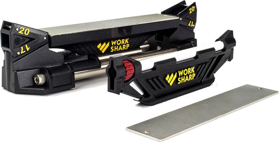 Система точильная Work Sharp Darex Guided Sharpening, с изменяющимся углом наклонаDR/WSGSS-BX Система точильная Work Sharp Darex Guided Sharpening, с изменяющимся углом наклонаDR/WSGSS-BXСтанина, состоящая из пластиковых торцов и двух массивных стальных направляющих. Станина стоит на четырех ножках из прозрачного резинопластика, что исключает возможность скольжения даже на самой гладкой поверхности.Платформа для металлических пластин с алмазным напылением.Платформа с встроенным керамическим стержнем.Две металлические пластины с алмазным напылением: Coarse 320 grit и Fine 600 grit (15.2 x 31 мм). Пластина с абразивом крепится к платформе при помощи магнита и двух шпеньков обеспечивающих жесткость посадки.Две двусторонних направляющих под два угла заточки, на 20 градусов (для EDC ножей) и 17 градусов (для кухонников).
