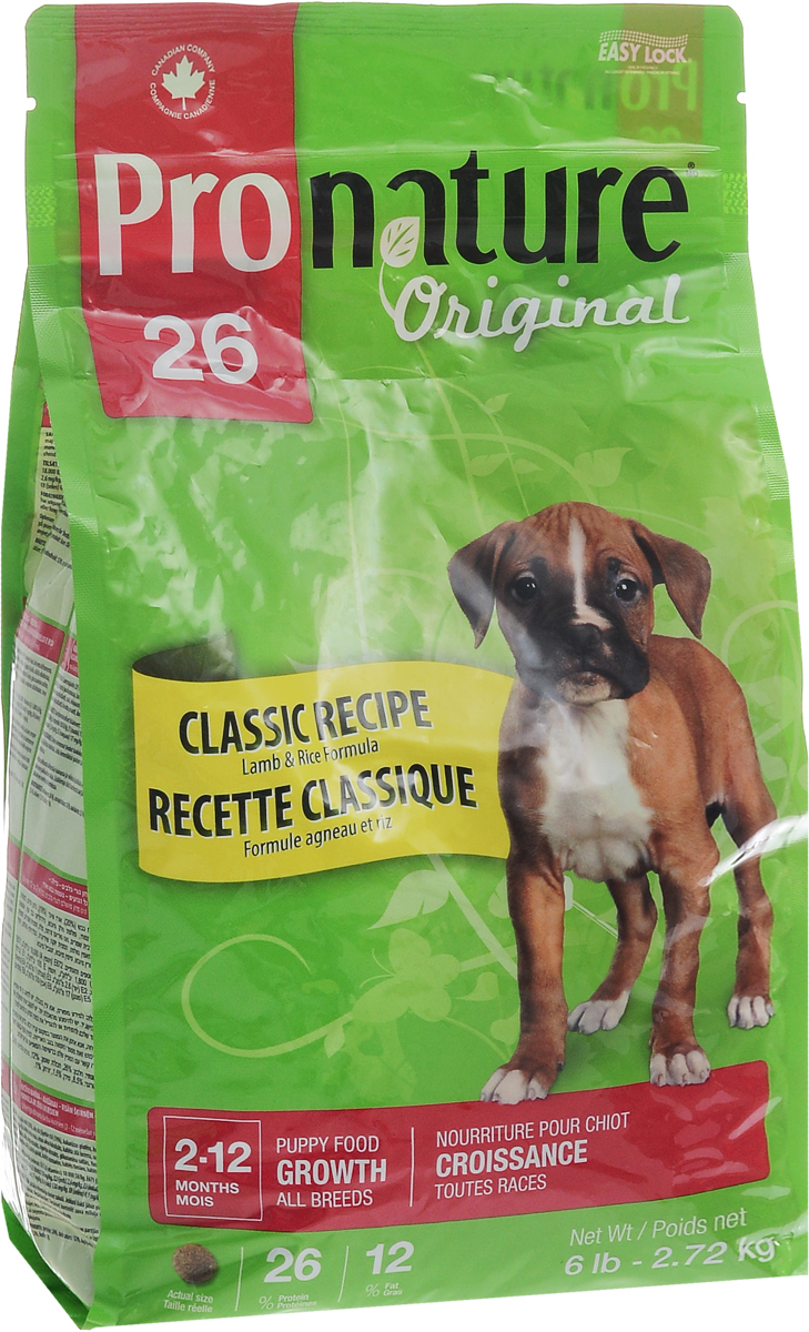 Корм сухой Pronature Original 26. Формула роста, для щенков, с ягненком и рисом, 2,72 кг0120710 Корм сухой Pronature Original 26. Формула роста, для щенков, с ягненком и рисом, 2,72 кг0120710Щенку с чувствительным желудком и склонности к аллергии необходим специальный сбалансированный корм. Этот восхитительный рецепт Pronature Original 26. Формула роста с ягненком и рисом оптимально усваивается, не содержит курицы и сои! Сочная формула с хрустящими кусочками имеет прекрасный вкус и удовлетворяет все питательные потребности малышей!Товар сертифицирован.