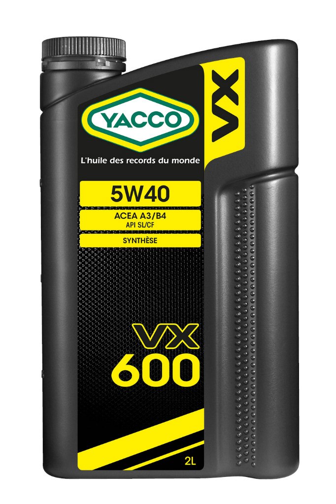 Масло моторное Yacco VX 600 5W40, 2 лS03301004 Масло моторное Yacco VX 600 5W40, 2 лS03301004ПРИМЕНЕНИЕ: Высокопроизводительное синтетическое масло для применения в бензиновых и дизельных двигателях Специально разработано и особо рекомендовано к применению в бензиновых (в особенности многоклапанных) и дизельных (в особенности турбированных системы Common Rail) двигателях. Оптимально подходит для автомобилей, требующих дополнительной защиты от износа и использующихся как в частых коротких поездках в городских условиях, так и в дальних поездках на высоких скоростях. Обеспечивает легкий пуск двигателя при сверхнизких температурах и надежную защиту от износа при высоких. Значительно превышает эксплуатационные требования норм ACEA A3/B4 и API SL/CF. ПРЕИМУЩЕСТВА: • Повышенная термическая устойчивость предотвращает образование отложений • Превосходные моющие и диспергирующие свойства • Оптимальное смазывание и защита узлов двигателя во всех температурных режимах • Особый пакет противоизносных и противозадирных присадок снижает трение и износ двигателя СПЕЦИФИКАЦИИ И ОДОБРЕНИЯ: ACEA A3/B4 • API SL/CF YACCO VX 600 5W-40 значительно превышает эксплуатационные требования норм ACEA A3/B4 и API SL/CF.
