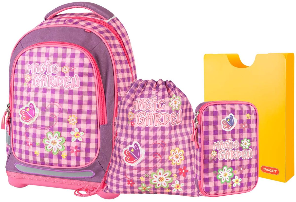 Target Collection Ранец школьный Волшебный сад 4 в 172523WD Target Collection Ранец школьный Волшебный сад 4 в 172523WDРанец изготовлен из современных, прочных материалов. Техническими особенностями ранца является система Flexiball - поясничная поддержка, правильно распределяет вес ранца, автоматически подстраивается под ребенка, и поэтому обеспечивает идеальное положение в области поясницы ребёнка. Плечевые лямки можно регулировать для каждого ребенка индивидуально, содержат вентиляционные отверстия, оснащены ЭКО-пеной. Светоотражающий материал присутствует на передней, боковой и задней частях рюкзака, что позволяет сделать вашего ребенка более заметным, а так же обезопасить его не только днем, но и ночью. Молнии рюкзака прочные, металлические. В комплект данного набора входит сам ранец, сумка для сменной обуви, , пенал с канцтоварами( В наполнение пенала входит точилка, ластик, три шариковые ручки синего, черного и красного цвета, два графитовых простых карандаша, 12 цветных карандашей бренда FILA Италия, 12 фломастеров бренда FILA Италия, клей, ножрницы), папка-держатель из ЭКО-пластика формата А4. При создании данной модели используются улучшенные материалы (3D), которые имеют свойство «дышать». Благодаря этим материалам воздух циркулирует, и следовательно, спина ребёнка не будет потеть. Дополнительно, имеется грудное крепление-стяжка для фиксации на плечах и поясничное крепление для фиксации на поясе ребенка, они установлены так, чтобы порфель самыми оптимальным образом сидел на на теле ребенка. Правильно используя ремни, вес портфеля распределяется следующим образом: 50% на бедра и 50% на поясничную часть, что ощутимо позволяет уменьшить нагрузку и усилия при ходьбе. Мягкая ручка в верхней части позволяет сделать ношение в руке более удобным и комфортным. Дно портфеля изготовлено из качественного и прочного материала. Внутри вложенные угловые элементы, чтобы не было прямого контакта с грунтом и таким образом, образуется защита от грязи. Порфель предназначен для детей ростом от 110 см: размер M - для детей ростом между 110 и 125 см;размер L подходит для детей ростом между 125 и 140 см;размер XL - для детей выше 140 см.
