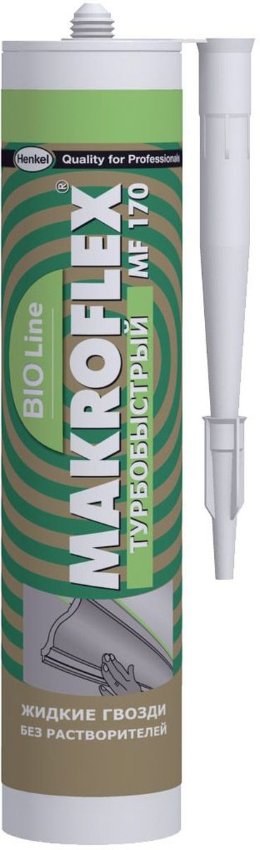Клей Makroflex BioLine MF170, турбобыстрый, 400 г106-026 Клей Makroflex BioLine MF170, турбобыстрый, 400 г106-026Для внутреннего и наружного** применения; для крепления любых видов панелей из стиопора, пластика и др. материалов, в т.ч. потолочных, для крепления плинтусов. Одна из склеиваемых поверхностей должна быть пористой (впитывать воду).** если защитить шов от воздействия внешней среды