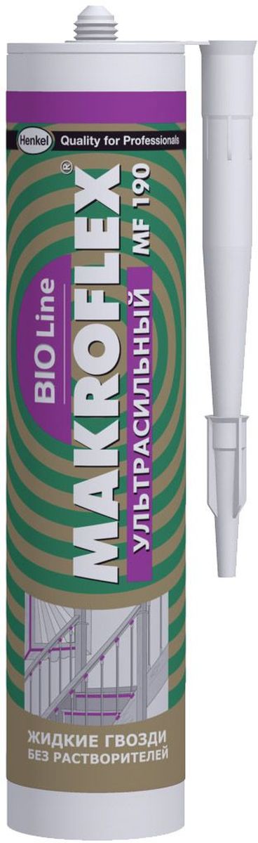 Клей Makroflex BioLine MF190, ультрасильный, 400 гTD 0033 Клей Makroflex BioLine MF190, ультрасильный, 400 гTD 0033Для внутреннего и наружного** применения; для установки подоконников, фиксации стеновых панелей из дерева, пробки, гипрока, крепления изоляционных панелей, декоративных деталей, профилей, плинтусов и декоративных фризов. Одна из склеиваемых поверхностей должна быть пористой (впитывать воду). ** если защитить шов от воздействия внешней среды