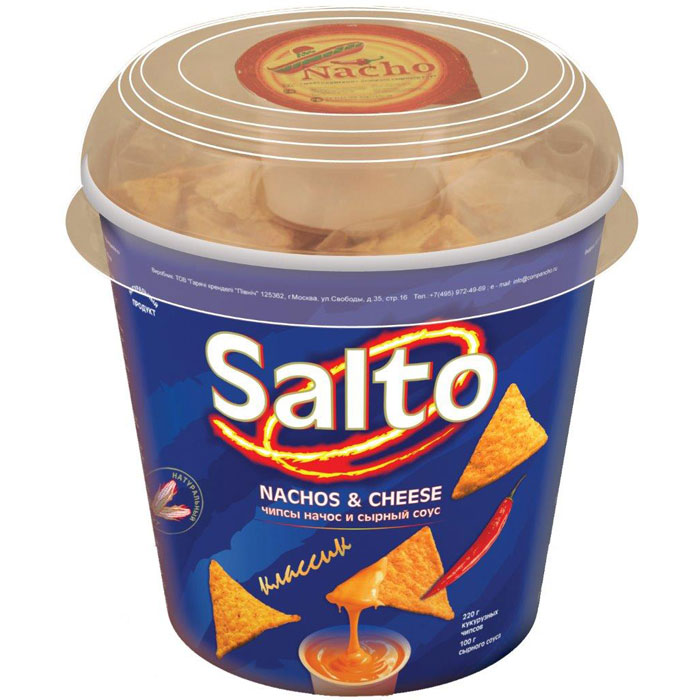 Salto Nachos Классик чипсы кукурузные натуральные, 220 г0120710 Salto Nachos Классик чипсы кукурузные натуральные, 220 г0120710Набор, состоящий из натуральных кукурузных чипсов (NASHOS) + сырный соус + влажная салфетка для рук.