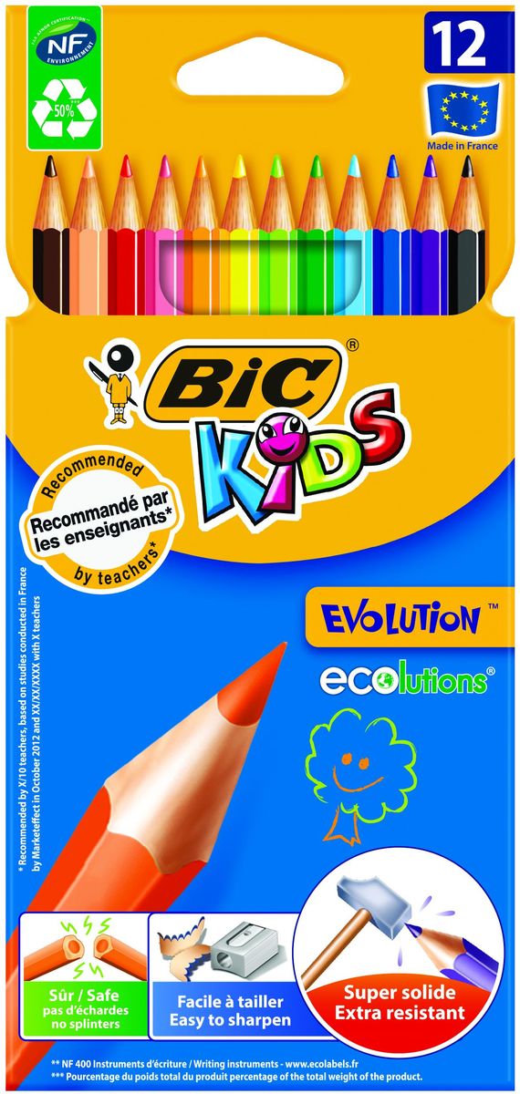 Bic Карандаши цветные Evolution 12 цветовC13S041944 Bic Карандаши цветные Evolution 12 цветовC13S041944Набор из 12 суперпрочных ярких цветных карандашей, не содержащих древесины. Эти карандаши - идеальный вариант для детей, потому что они обладают очень высоким уровнем прочности, в том числе ударопрочным грифелем. Если малышу все же удастся сломать карандаш - на месте излома не образуется острых краев, это снижает вероятность травмирования. Классический шестигранный корпус. Легко затачиваются.